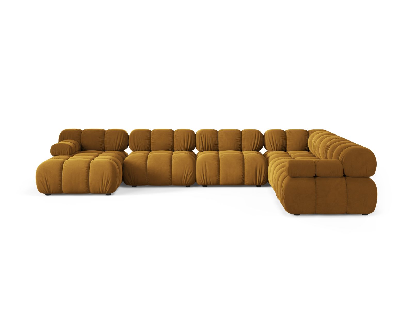 Elegantes 8-Sitzer Ecksofa Bellis in Panoramic-Design, rechtsseitig, in stilvollem Yellow-Bluvel, ideal für moderne Wohnräume.