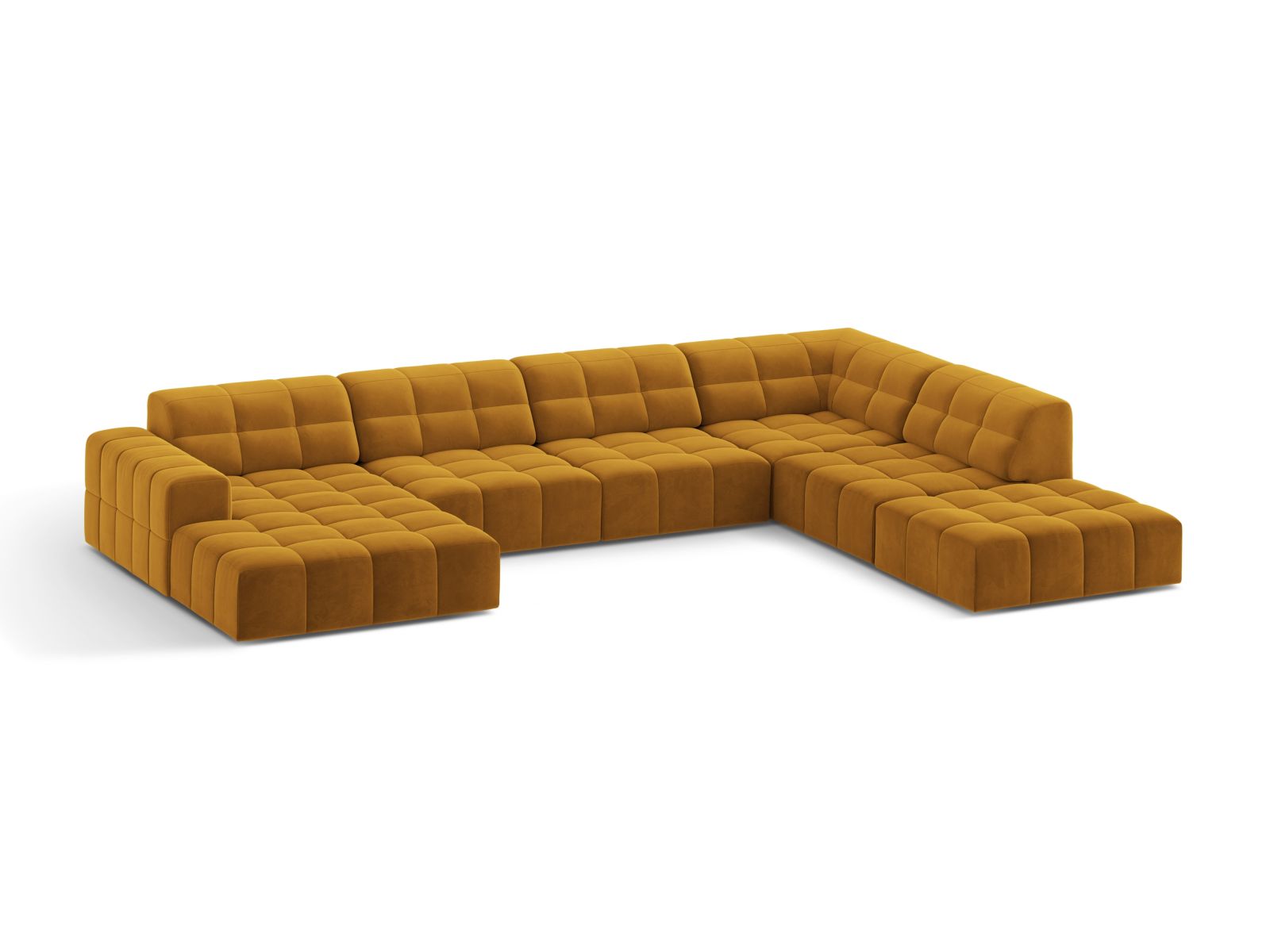 Elegantes 7-Sitzer Ecksofa rechts Jennifer in Yellow-Bluvel, ideal für stilvolle Wohnräume und gemütliche Abende.