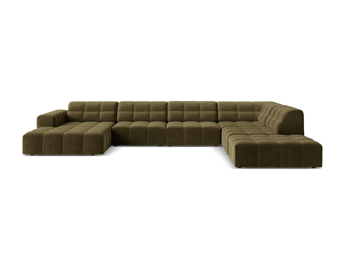 Panoramasofa Jennifer von Micadoni in leichtem Beige, Ecksofa rechts mit Bluvel-Stoffbezug, Rückenlehne und schwarzen Kunststoffbeinen aus Polypropylen.