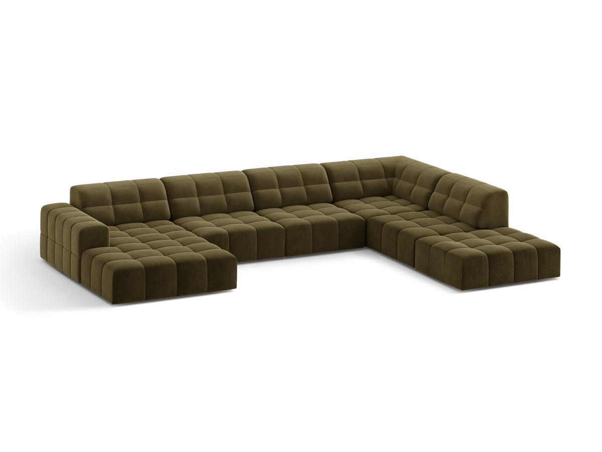 Panoramasofa Jennifer von Micadoni in leichtem Beige, Ecksofa rechts mit Bluvel-Stoffbezug, Rückenlehne und schwarzen Kunststoffbeinen aus Polypropylen.