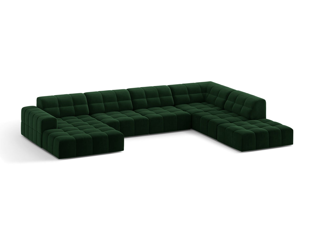 Panoramasofa Jennifer von Micadoni in leichtem Beige, Ecksofa rechts mit Bluvel-Stoffbezug, Rückenlehne und schwarzen Kunststoffbeinen aus Polypropylen.