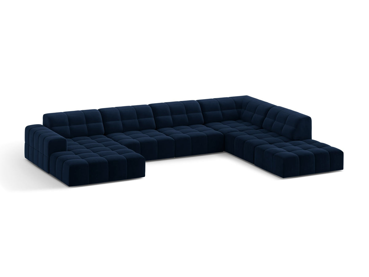 Panoramasofa Jennifer von Micadoni in leichtem Beige, Ecksofa rechts mit Bluvel-Stoffbezug, Rückenlehne und schwarzen Kunststoffbeinen aus Polypropylen.