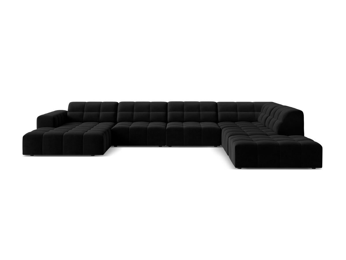 Panoramasofa Jennifer von Micadoni in leichtem Beige, Ecksofa rechts mit Bluvel-Stoffbezug, Rückenlehne und schwarzen Kunststoffbeinen aus Polypropylen.