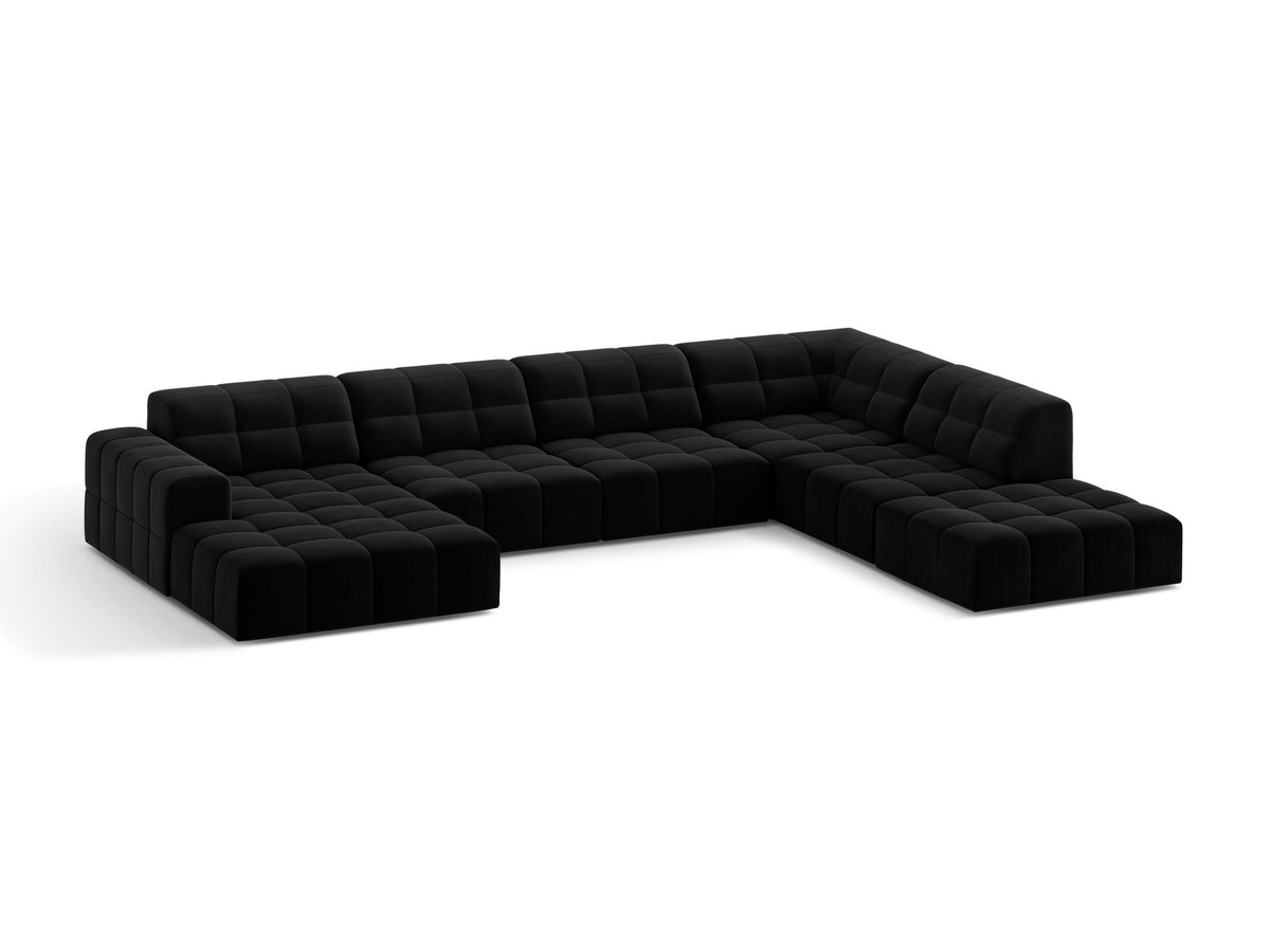 Panoramasofa Jennifer von Micadoni in leichtem Beige, Ecksofa rechts mit Bluvel-Stoffbezug, Rückenlehne und schwarzen Kunststoffbeinen aus Polypropylen.