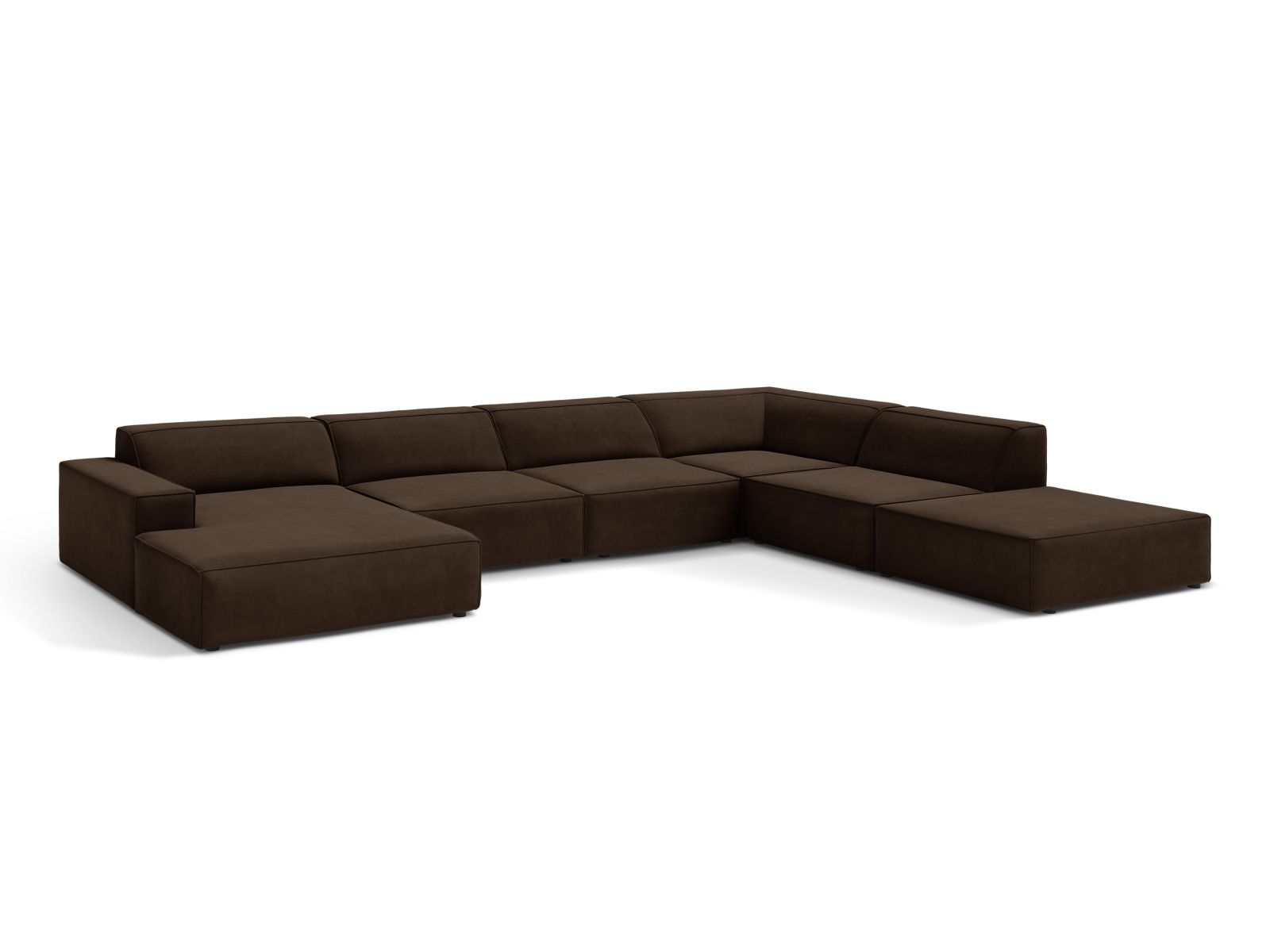 Elegantes, modulares 7-Sitzer Ecksofa Jodie in Velours, rechtsseitig, in dunklem Braun, ideal für stilvolle Wohnräume.