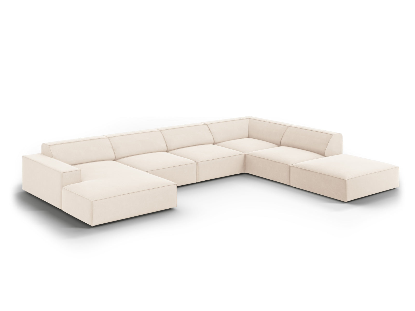 Modulares 7-Sitzer Ecksofa Jodie in sanftem Beige, perfekt für gemütliche Wohnzimmer, bietet modernen Komfort und stilvolles Design.