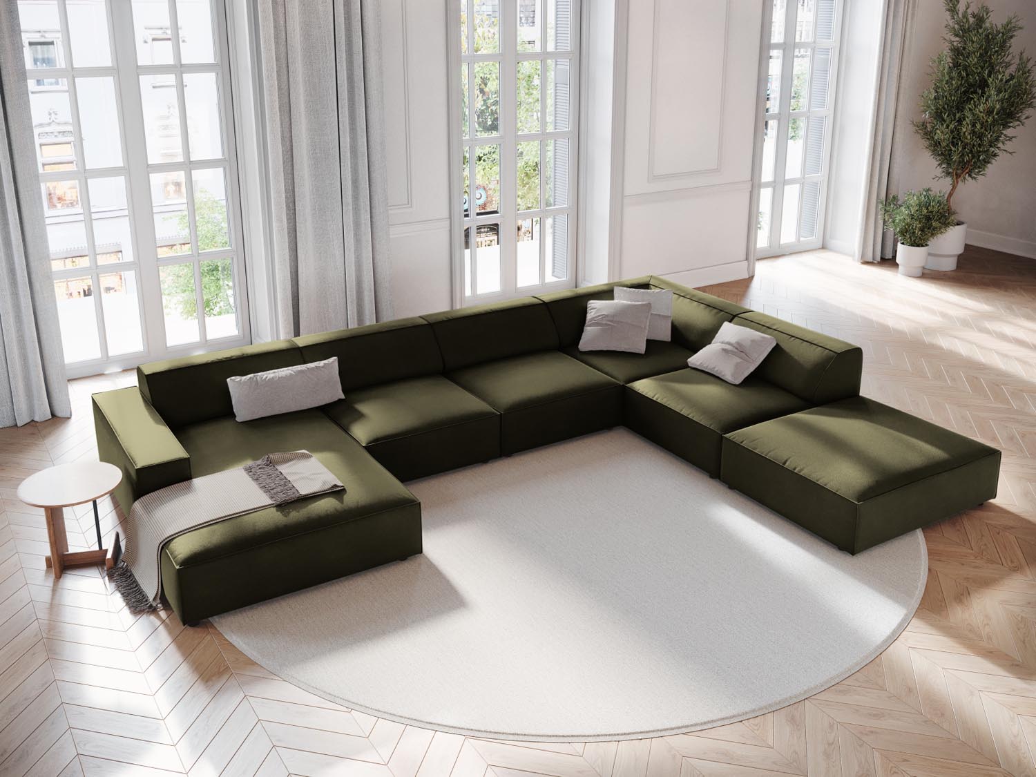 Elegantes, modulares 7-Sitzer Ecksofa Jodie in grünem Velours, ideal für stilvolle Wohnräume, präsentiert von Micadoni.