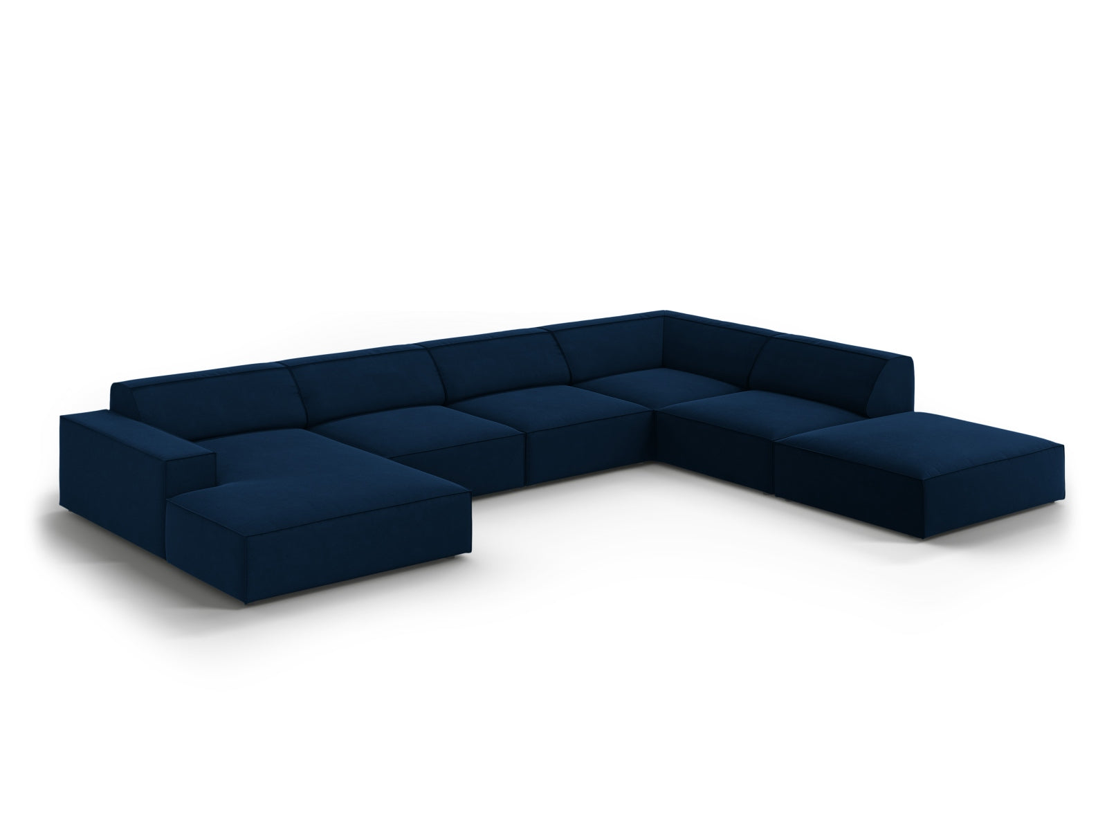 Modulares 7-Sitzer Ecksofa Jodie in Royal Blue-Bluvel, perfekt für moderne Wohnkonzepte, bietet Komfort und Stil von Micadoni.