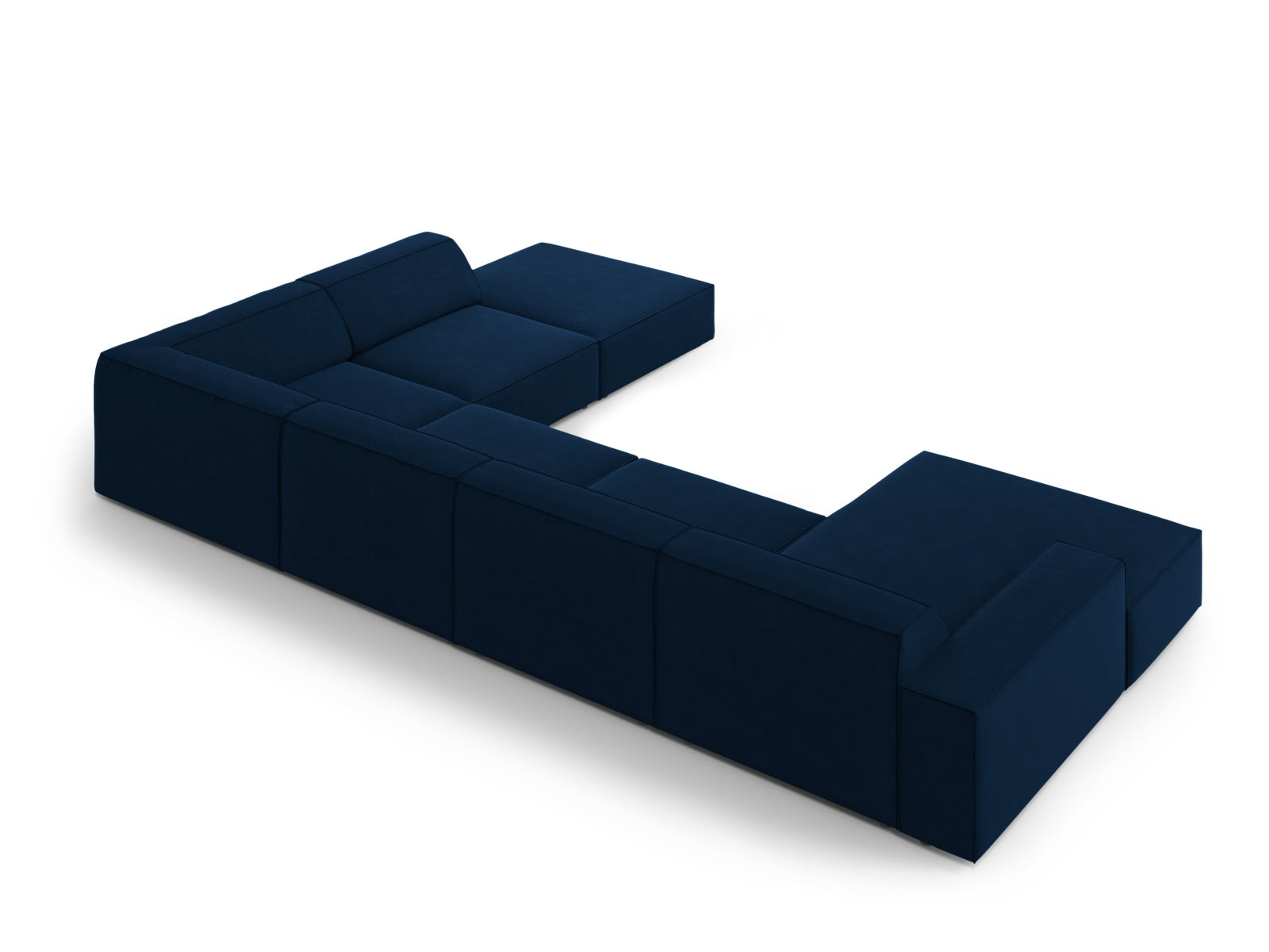 Elegantes modulares Ecksofa Jodie in Royal Blue, 7-Sitzer mit luxuriösem Velourbezug, ideal für stilvolle Wohnräume.