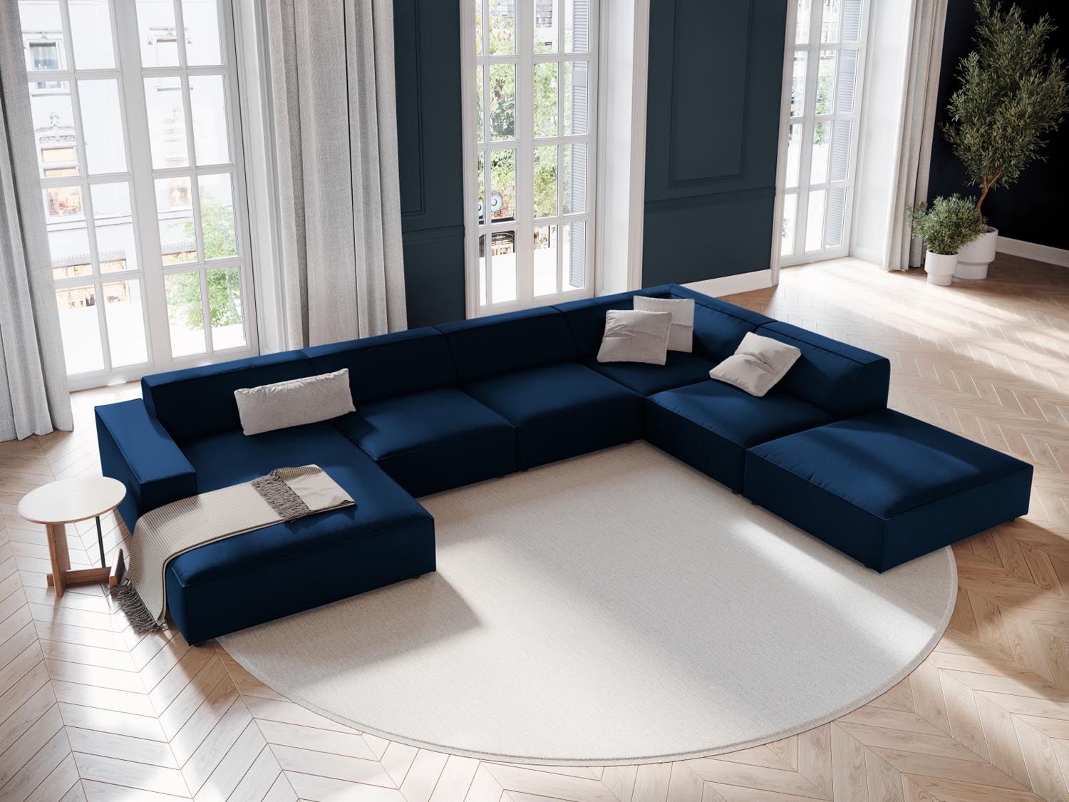 Elegantes, modulares 7-Sitzer Ecksofa Jodie in Royal Blue-Bluvel, ideal für stilvolle Wohnräume, präsentiert von Micadoni.