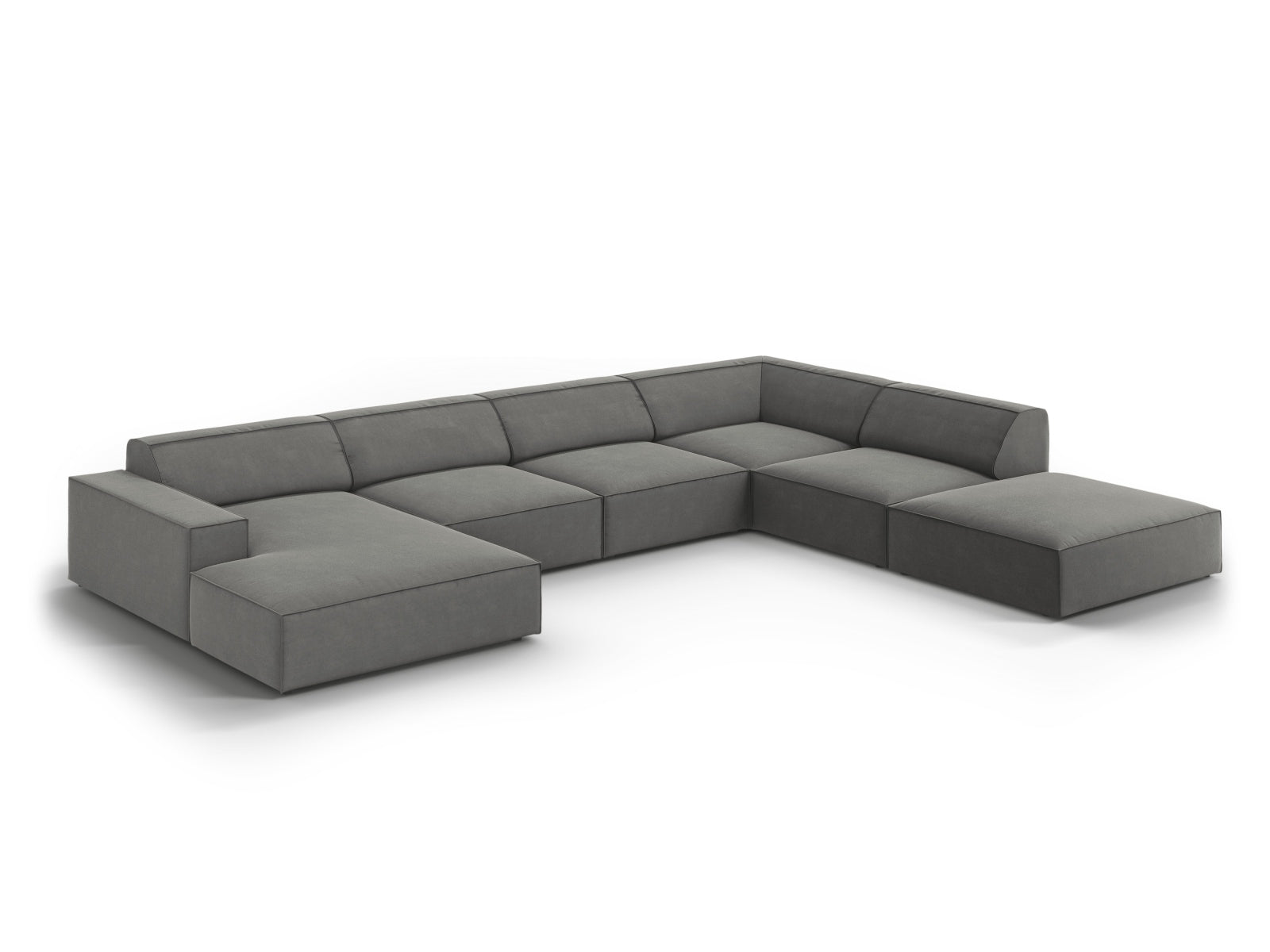 Modulares 7-Sitzer Ecksofa Jodie in hochwertigem Velours, rechtsseitig, in einem modernen Light Grey-Bluvel für einladende Wohnambiente.