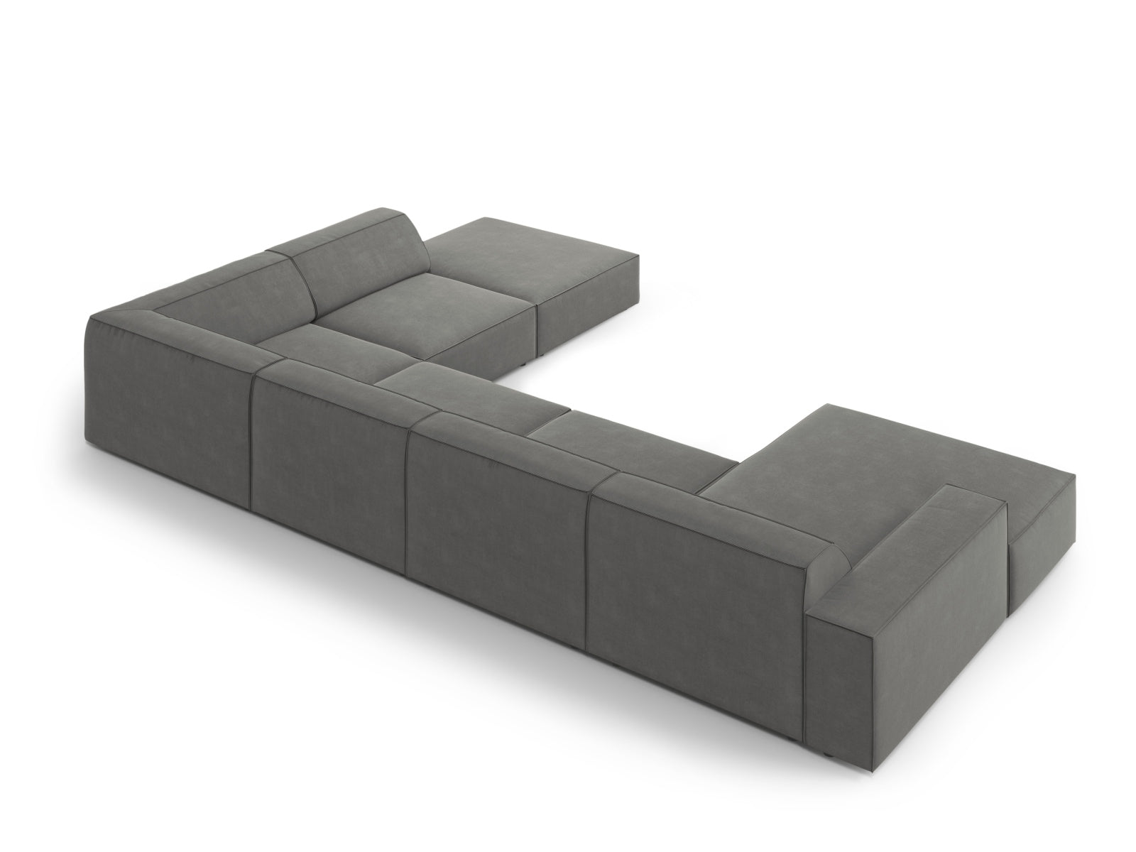 Elegantes, modulares 7-Sitzer Ecksofa Jodie aus weichem Velours in stilvollem Hellgrau, ideal für gemütliche Wohnräume.