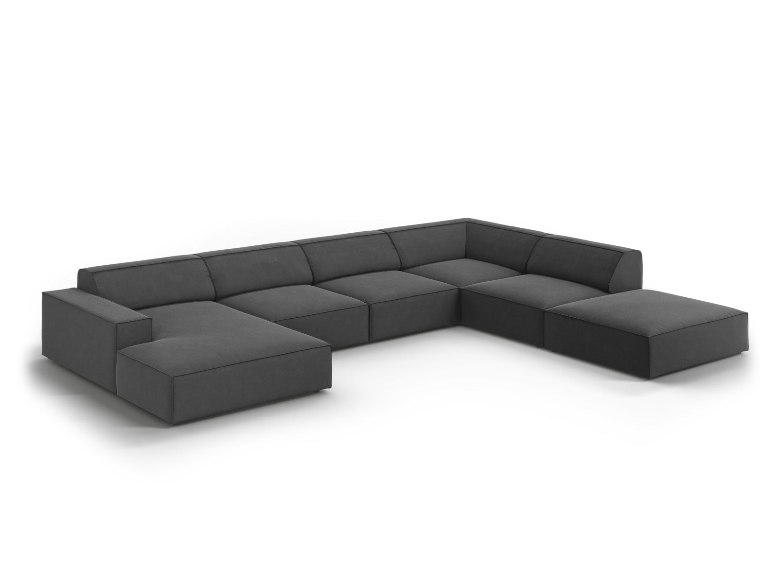 Modulares 7-Sitzer Ecksofa Jodie Velour in Grau-Blau, perfekt für gemütliche Wohnzimmer, bietet modernen Komfort und stilvolles Design.