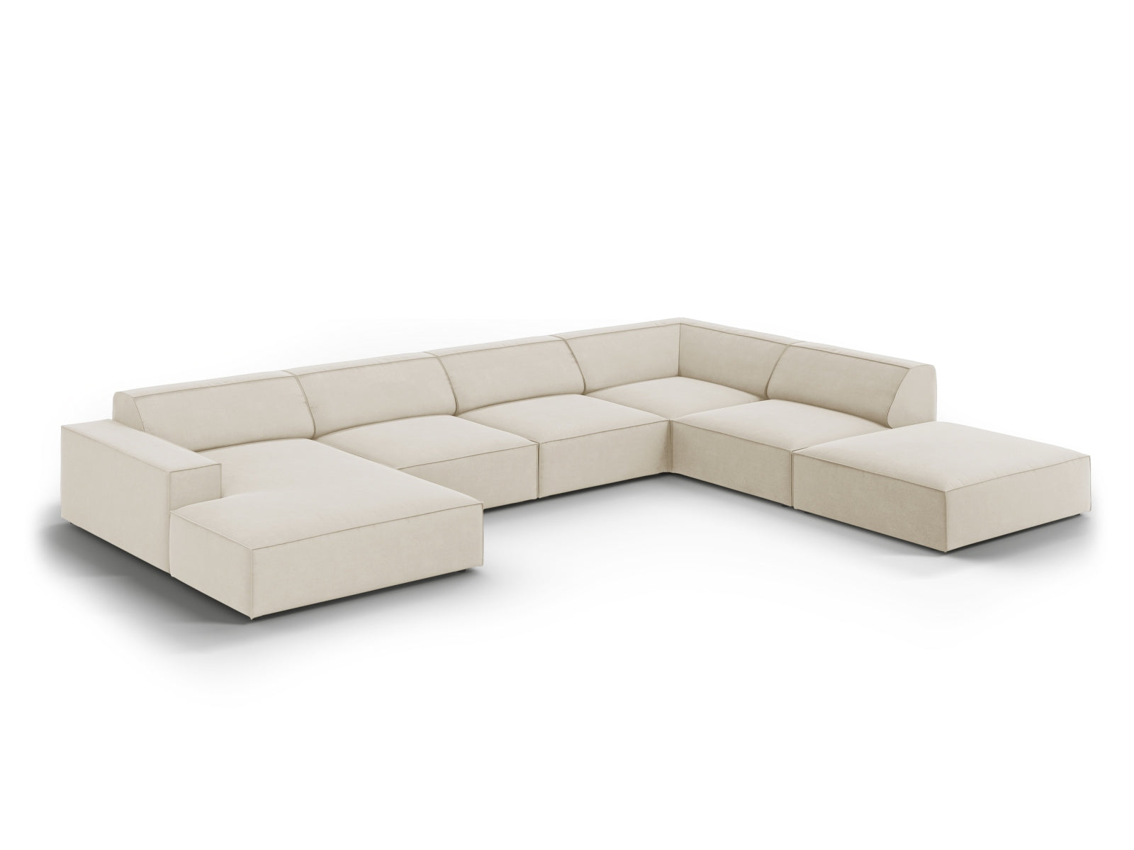 Stilvolles, modulares 7-Sitzer Ecksofa Jodie in edlem Velours, perfekt für gemütliche Wohnzimmer und moderne Einrichtungsideen.