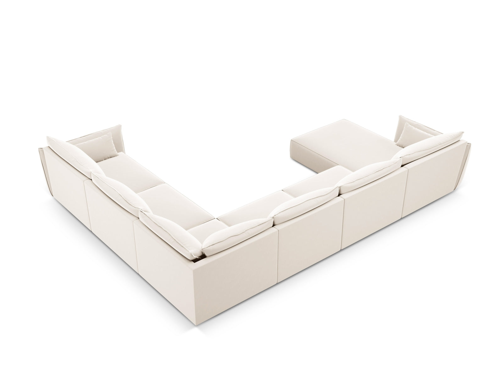 Bequemes Kaelle Velour Panoramic Ecksofa rechts für 8 Personen in einem warmen Beigeton, perfekt für gesellige Abende und modernes Wohnen.
