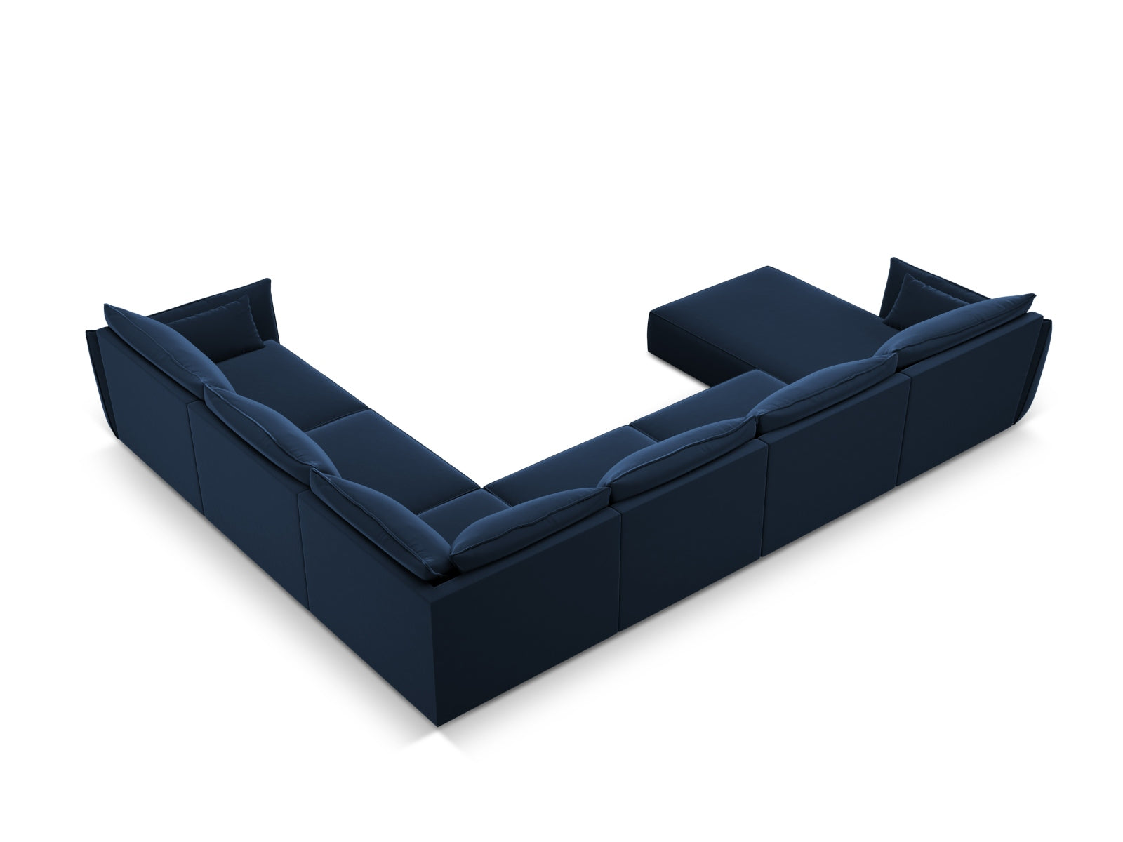 Luxuriöses Kaelle Velour Panoramic Ecksofa rechts für 8 Personen in Royal Blue, perfekt für moderne und gemütliche Wohnzimmer.