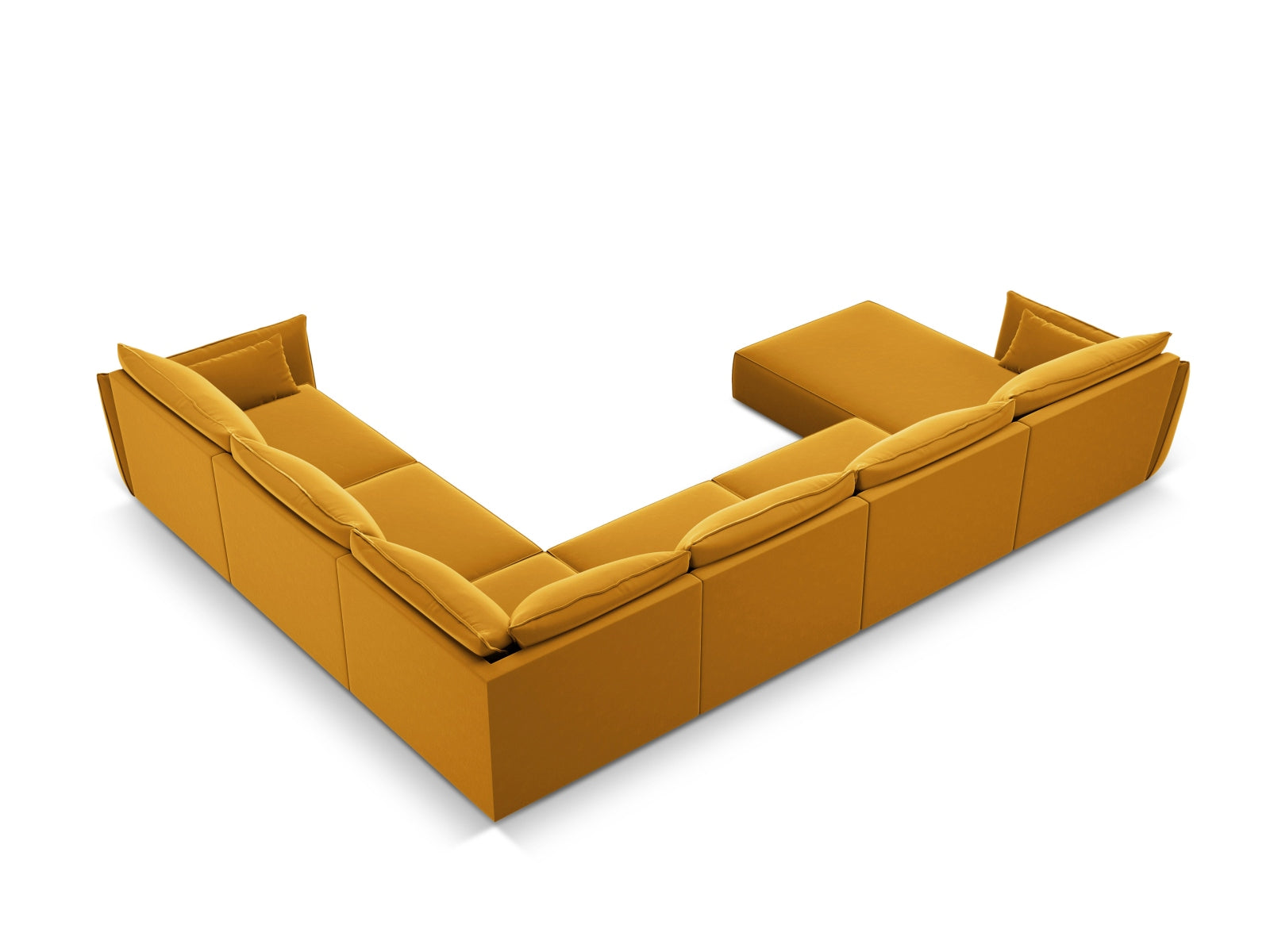 Luxuriöses Kaelle Velour Panoramic Ecksofa rechts, 8 Sitzer in ansprechenden Gelb-Blau-Tönen, perfekt für stilvolle Wohnzimmer.
