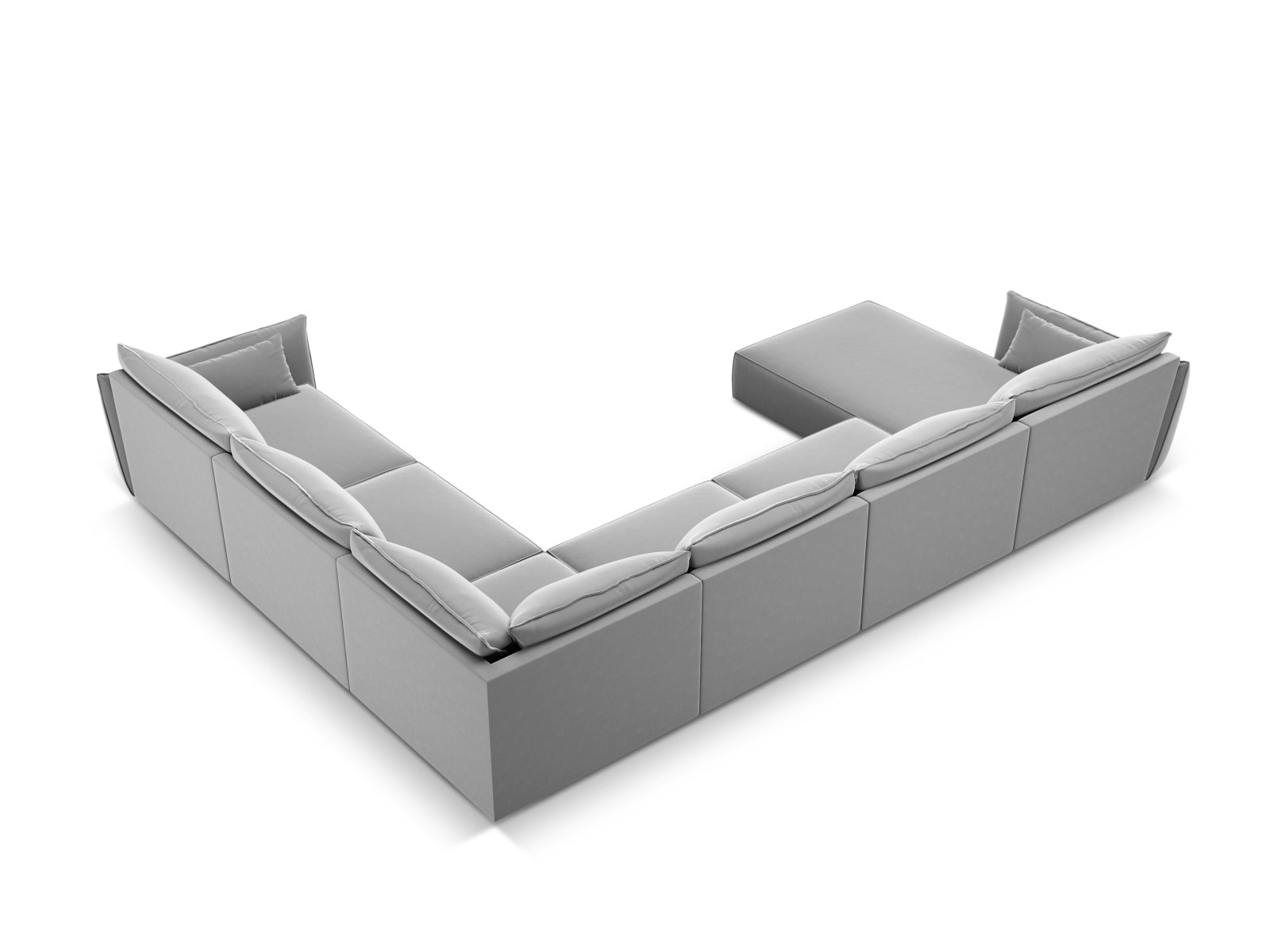 Luxuriöses Kaelle Velour Panoramic Ecksofa rechts für 8 Personen in ansprechendem Grau-Blau, perfekt für großzügige Wohnzimmer.