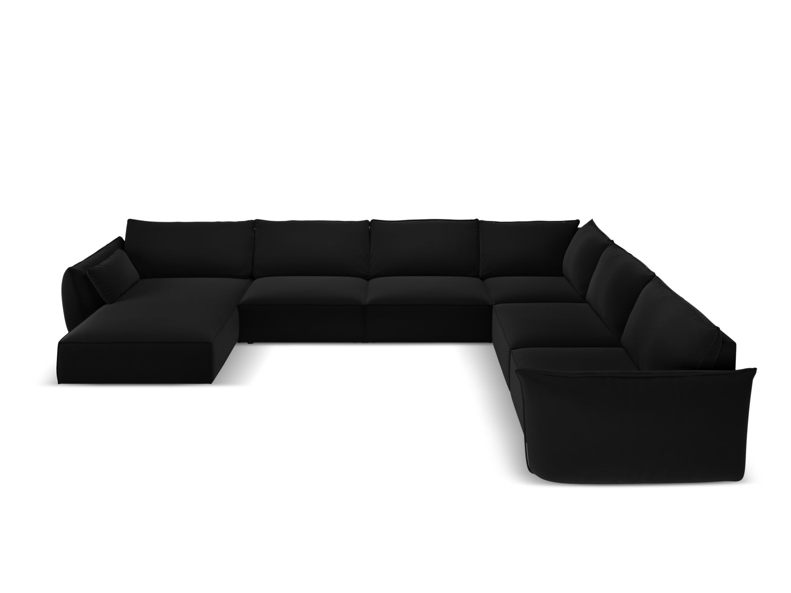 Elegantes Kaelle Velour Panoramic Ecksofa rechts für 8 Personen in stilvollem Black-Bluvel, ideal für moderne Wohnräume.