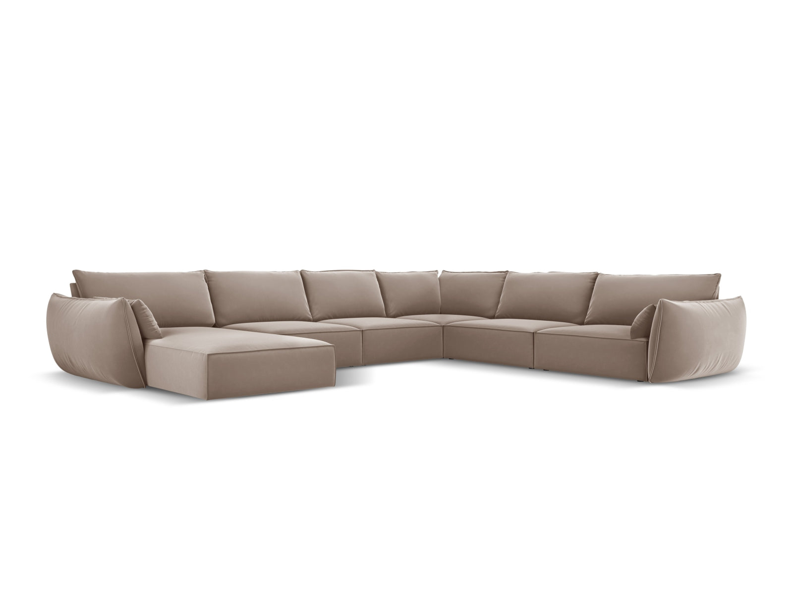 Elegantes Kaelle Velour Panoramic Ecksofa rechts für 8 Personen in stilvollem Cappuccino-Bluvel, ideal für moderne Wohnräume.