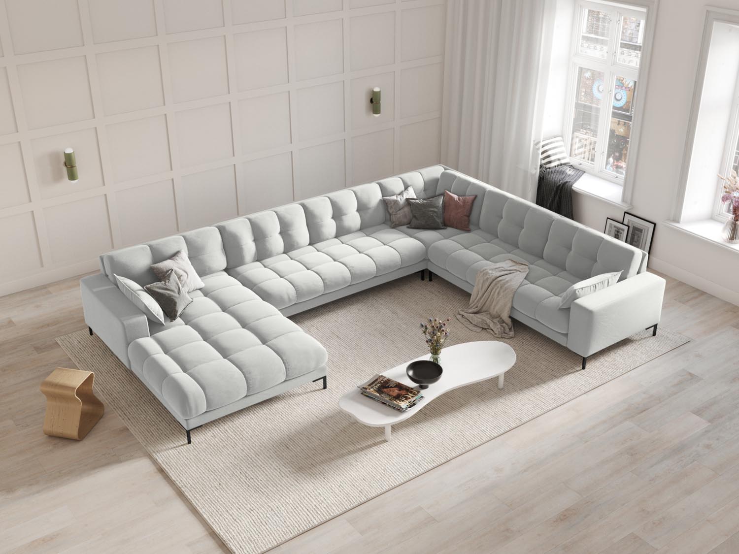 Elegantes Mamaia Velour Panoramic Ecksofa in stilvollem Silver/Schwarz-Bluvel, ideal für moderne Wohnräume und gesellige Abende.
