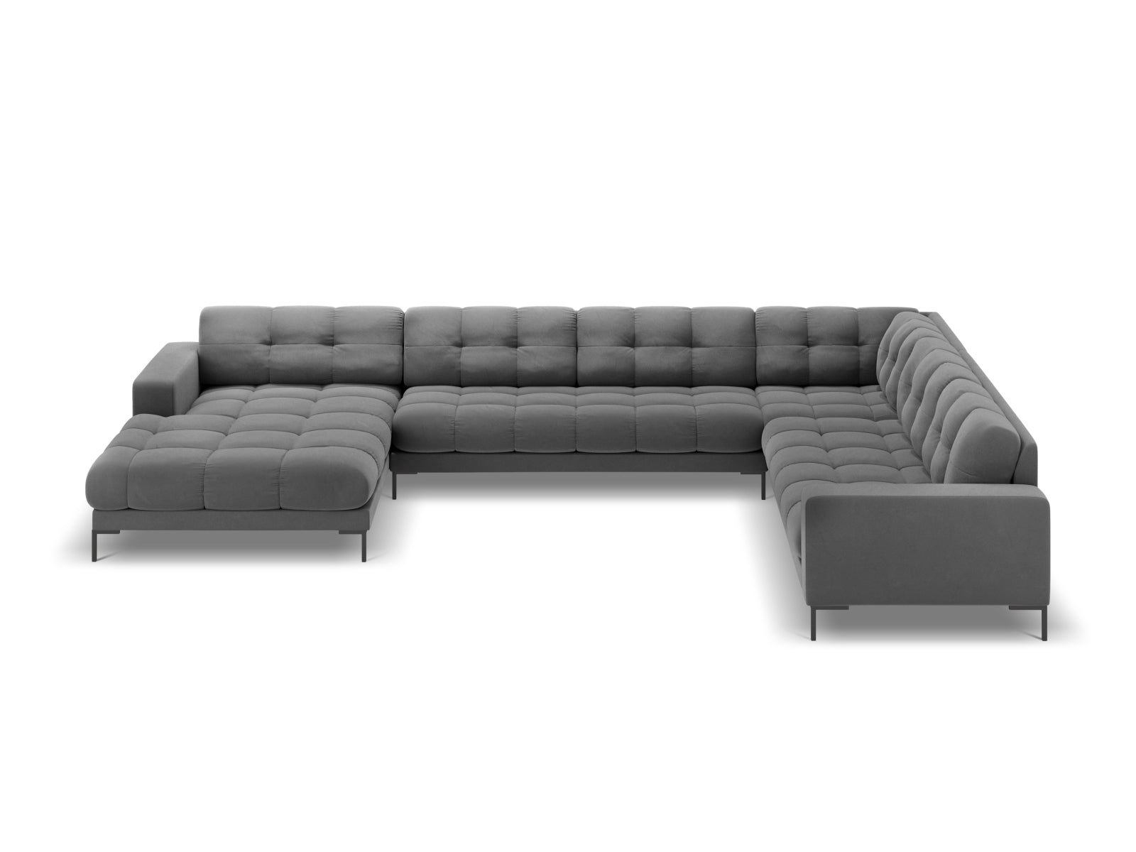 Modernes Mamaia Velour Panoramic Ecksofa rechts, 7-Sitzer in edlem Design, perfekt für gemütliche Zusammenkünfte und stilvolle Einrichtung.
