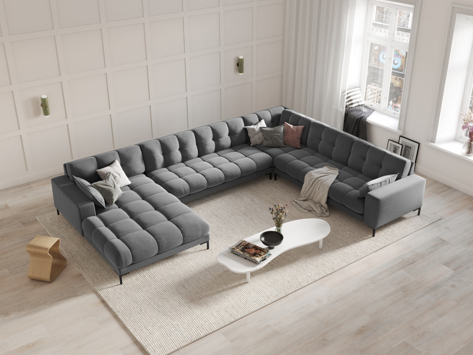 Luxuriöses Mamaia Velour Panoramic Ecksofa rechts – 7-Sitzer von Micadoni. Elegantes Design, hoher Komfort und pflegeleichte Materialien für Ihr Wohnzimmer.