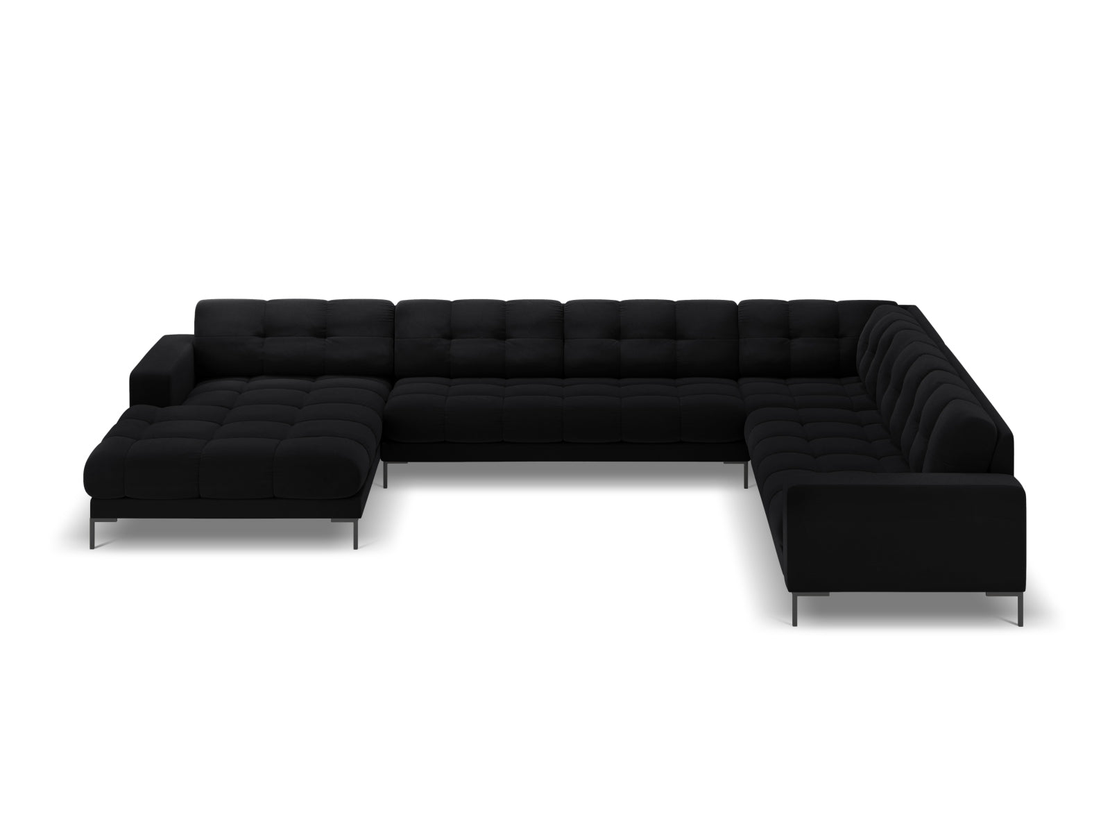 Schwarzes Mamaia Velour Panoramic Ecksofa, 7-Sitzer, bietet großzügigen Sitzkomfort und modernes Design für Ihr Zuhause.