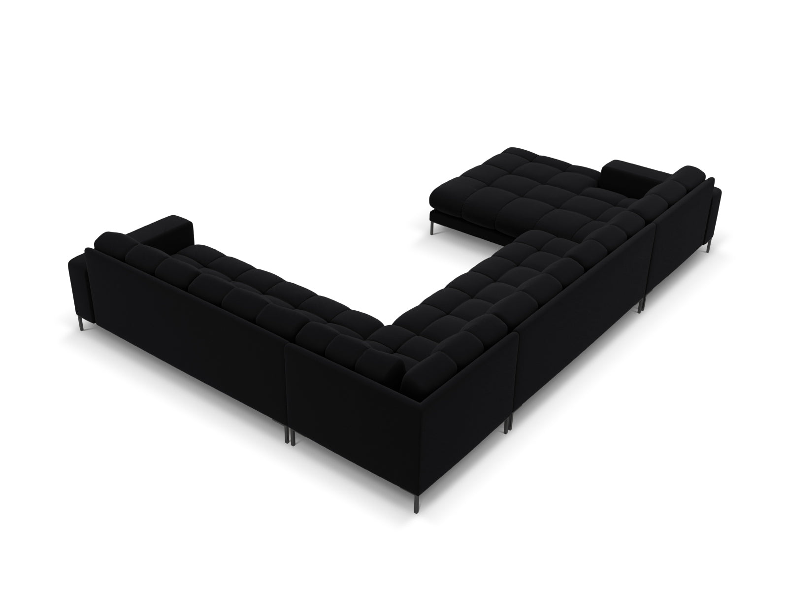 Elegantes Mamaia Velour Panoramic Ecksofa in Schwarz, 7-Sitzer, vereint stilvolles Design mit optimalem Komfort für gesellige Abende.