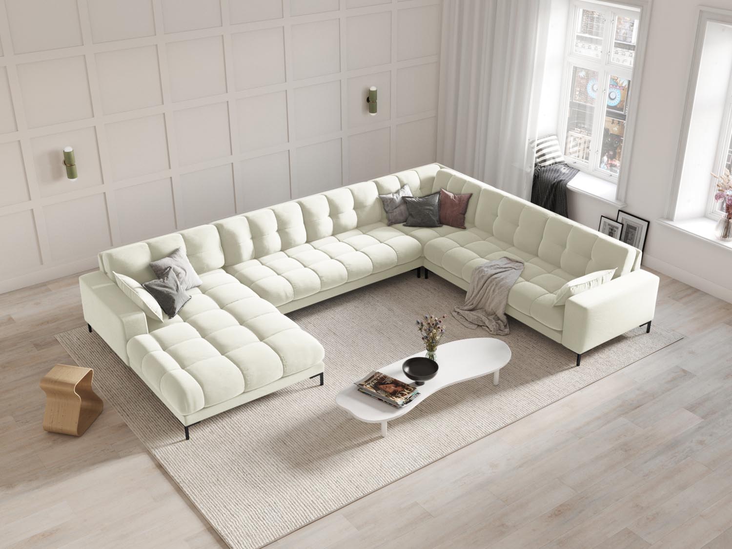 Elegantes Mamaia Velour Panoramic Ecksofa rechts in stilvollem Light Beige und Schwarz-Bluvel, ideal für moderne Wohnräume.