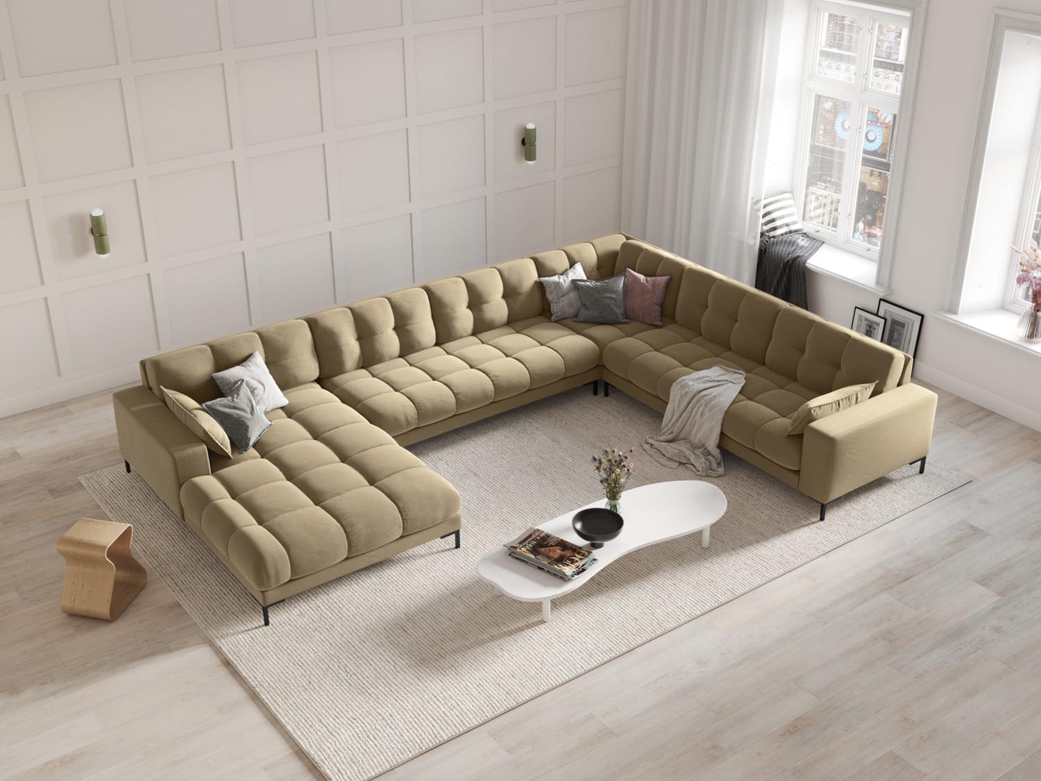 Beige und Schwarz-Bluvel Mamaia Velour Panoramic Ecksofa rechts, 7 Sitzer, stilvolles Design für modernen Wohnraum, präsentiert von Micadoni.