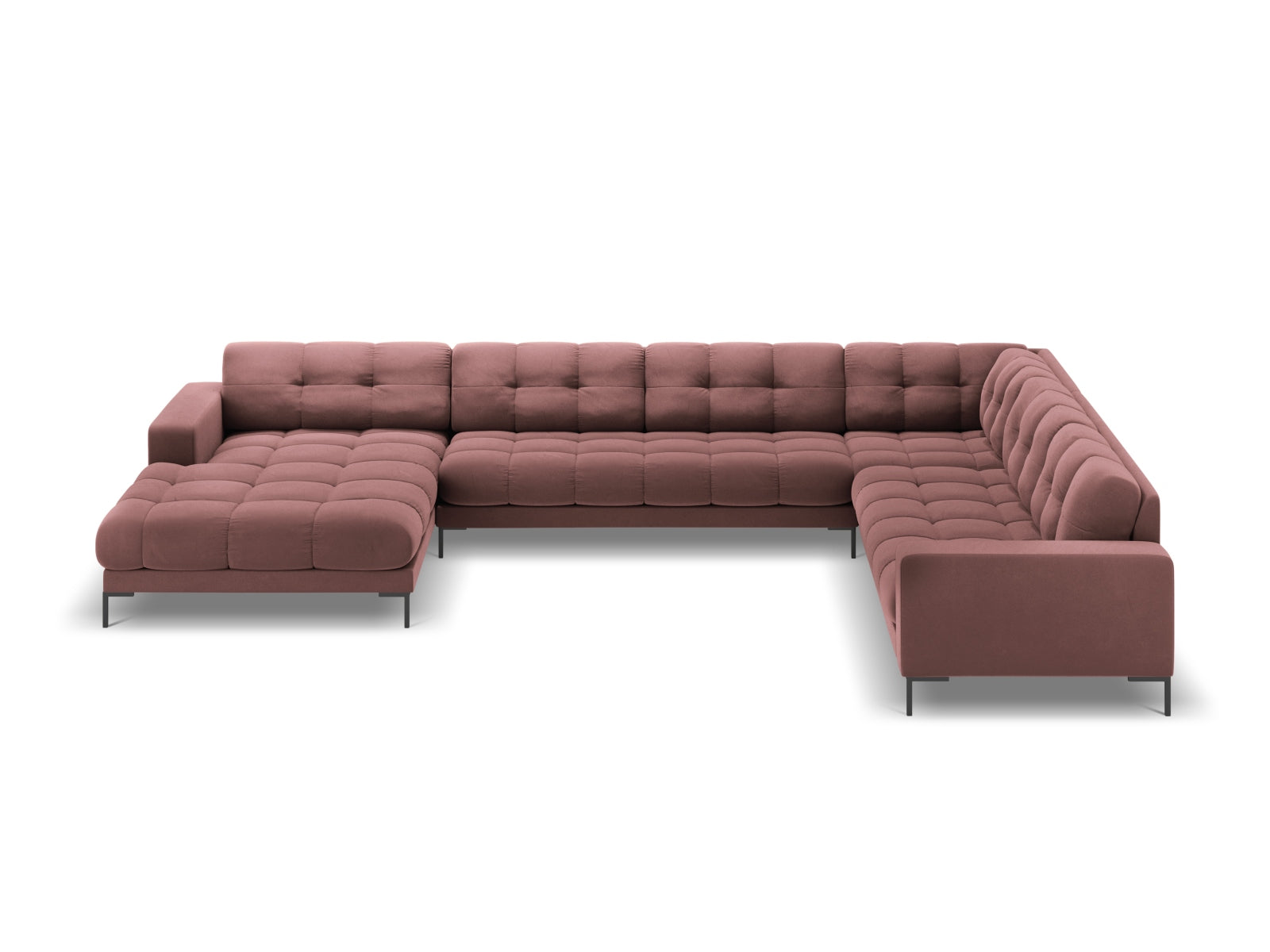 Stylisches Mamaia Velour Panoramic Ecksofa in Pink und Schwarz, perfekt für großzügige Wohnzimmer. 7-Sitzer mit zeitgemäßem Flair.
