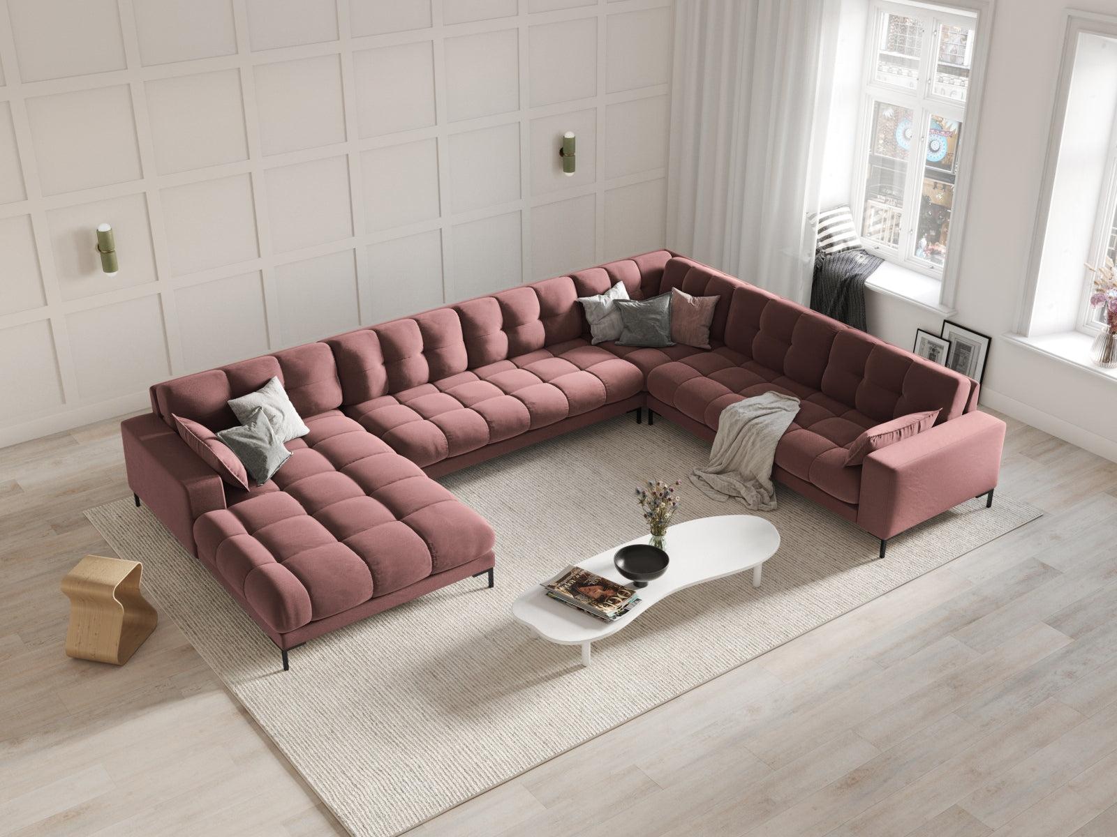 Luxuriöses Mamaia Velour Panoramic Ecksofa rechts – 7-Sitzer von Micadoni. Elegantes Design, hoher Komfort und pflegeleichte Materialien für Ihr Wohnzimmer.
