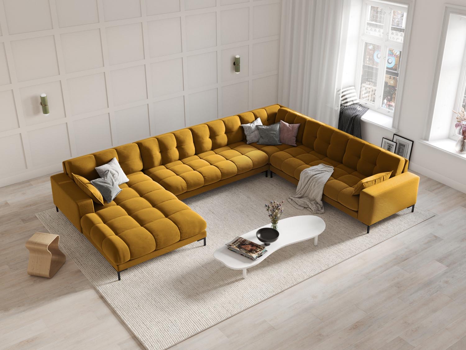 Elegantes Mamaia Velour Panoramic Ecksofa in Gelb und Schwarz, ideal für stilvolle Wohnräume, präsentiert in einem modernen Ambiente.