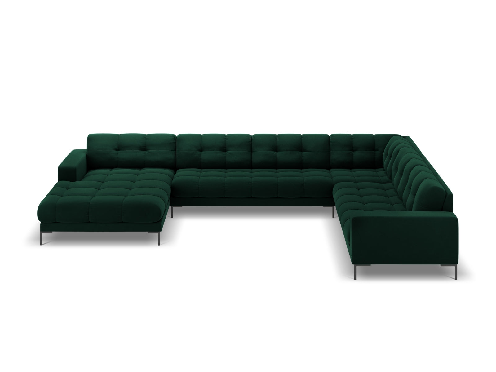 Luxuriöses Mamaia Velour Panoramic Ecksofa rechts in edlem Bottle Green, perfekt für stilvolle Wohnzimmer und entspannte Stunden.