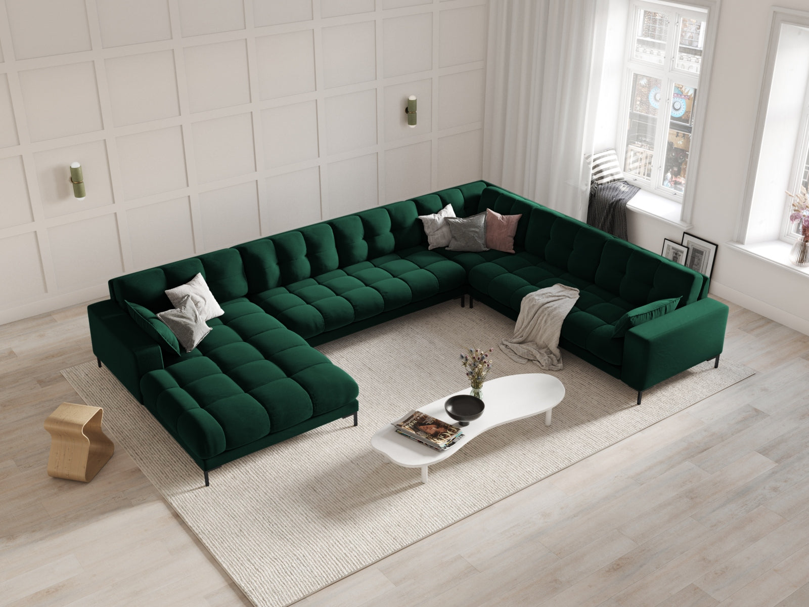 Luxuriöses Mamaia Velour Panoramic Ecksofa rechts – 7-Sitzer von Micadoni. Elegantes Design, hoher Komfort und pflegeleichte Materialien für Ihr Wohnzimmer.