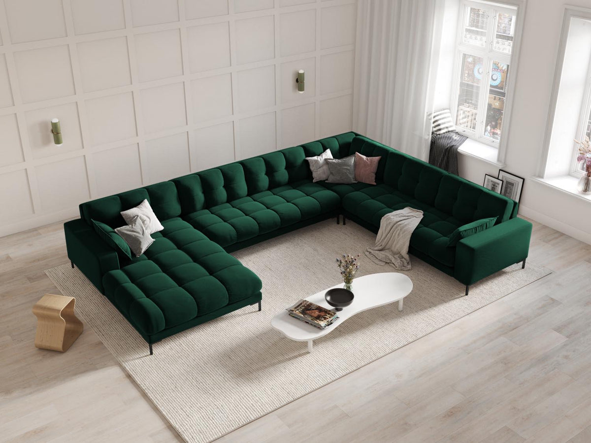 Mamaia Velour Panoramic Ecksofa rechts 7 Sitzer in Bottle Green/Schwarz-Bluvel präsentiert im Onlineshop von KAQTU Design AG. Ecksofa rechts ist von Micadoni