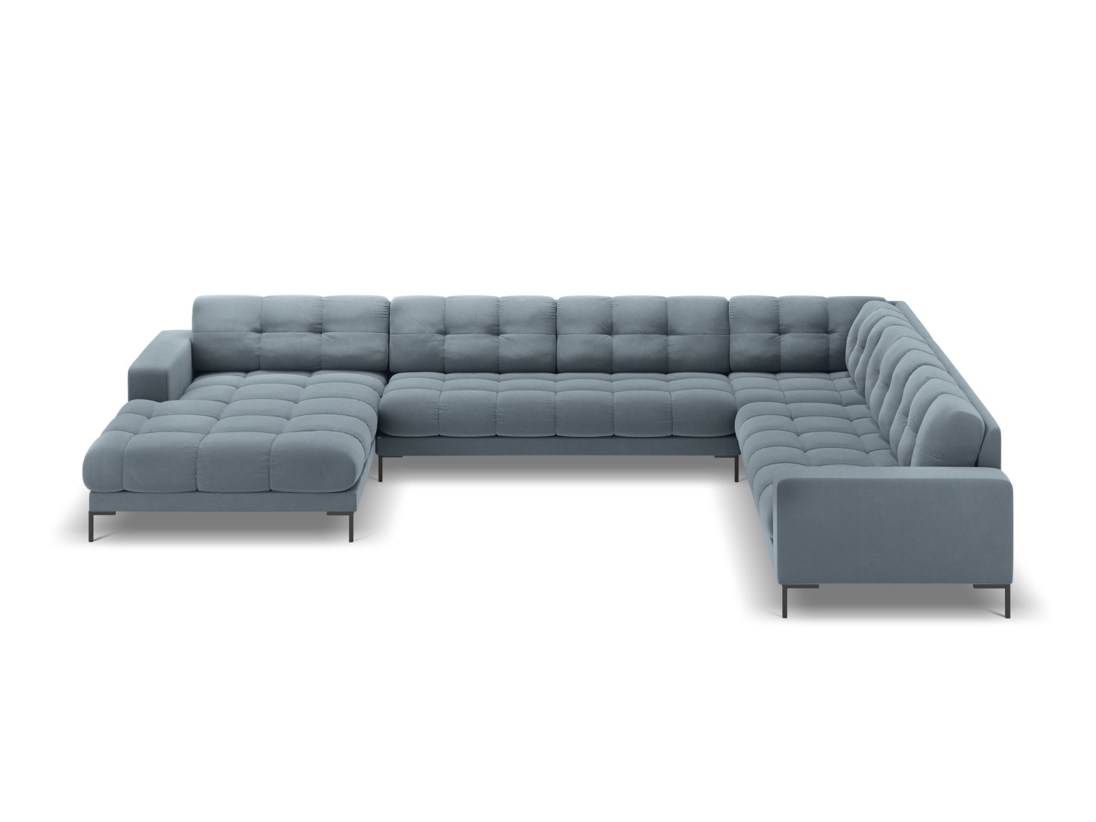 Stilvolles Mamaia Velour Panoramic Ecksofa in sanften Farbtönen, perfekt für großzügige Wohnlandschaften. 7-Sitzer für entspannte Stunden.