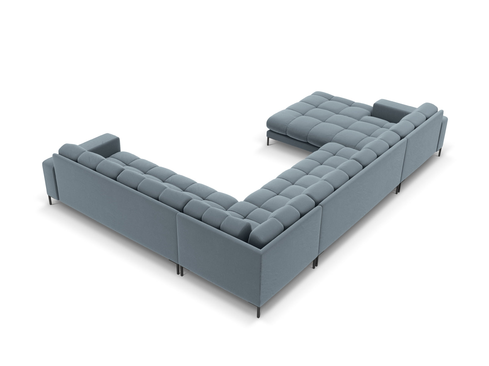 Elegantes Mamaia Velour Panoramic Ecksofa in sanften Farben, ideal für große Räume. 7-Sitzer für gemütliche Zusammenkünfte und Entspannung.