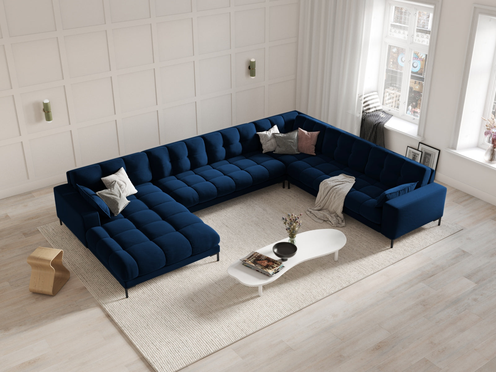 Luxuriöses Mamaia Velour Panoramic Ecksofa rechts – 7-Sitzer von Micadoni. Elegantes Design, hoher Komfort und pflegeleichte Materialien für Ihr Wohnzimmer.