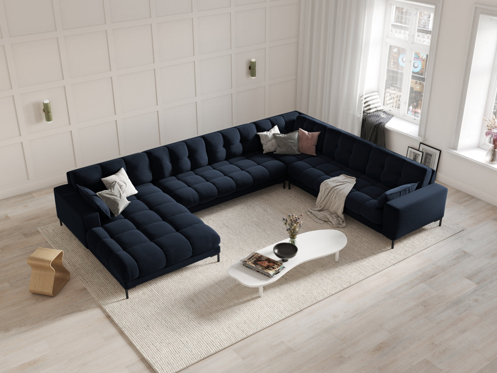 Luxuriöses Mamaia Velour Panoramic Ecksofa rechts – 7-Sitzer von Micadoni. Elegantes Design, hoher Komfort und pflegeleichte Materialien für Ihr Wohnzimmer.
