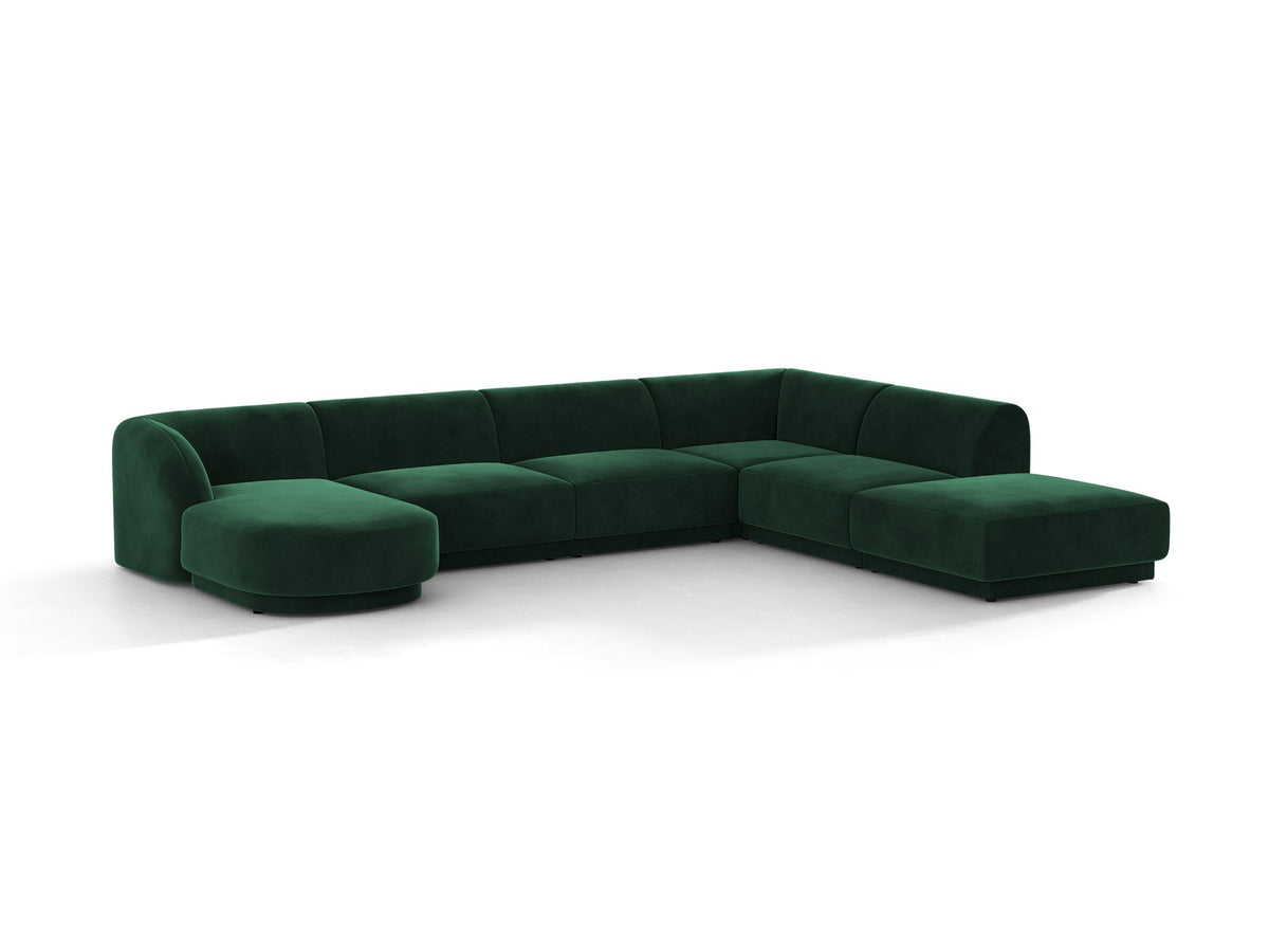 Dunkelbeiges Ecksofa rechts Miley von Micadoni mit Stoffbezug Bluvel, schwarzen Kunststoffbeinen und niedriger Rückenlehne.