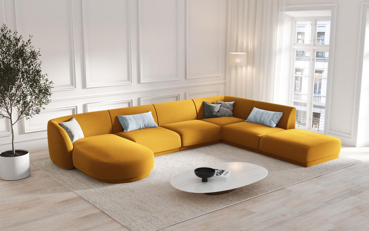 Miley Velour Panoramic Ecksofa rechts 6 Sitzer in Yellow-Bluvel präsentiert im Onlineshop von KAQTU Design AG. Ecksofa rechts ist von Micadoni