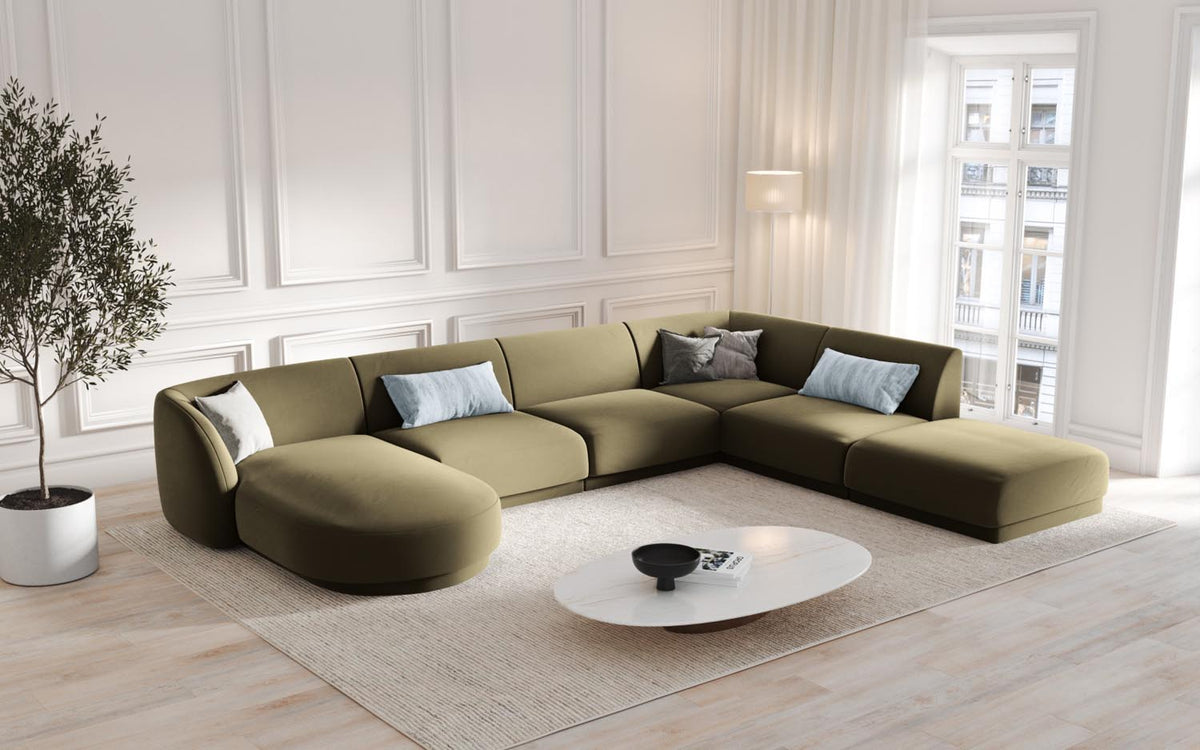 Miley Velour Panoramic Ecksofa rechts 6 Sitzer in Green-Bluvel präsentiert im Onlineshop von KAQTU Design AG. Ecksofa rechts ist von Micadoni