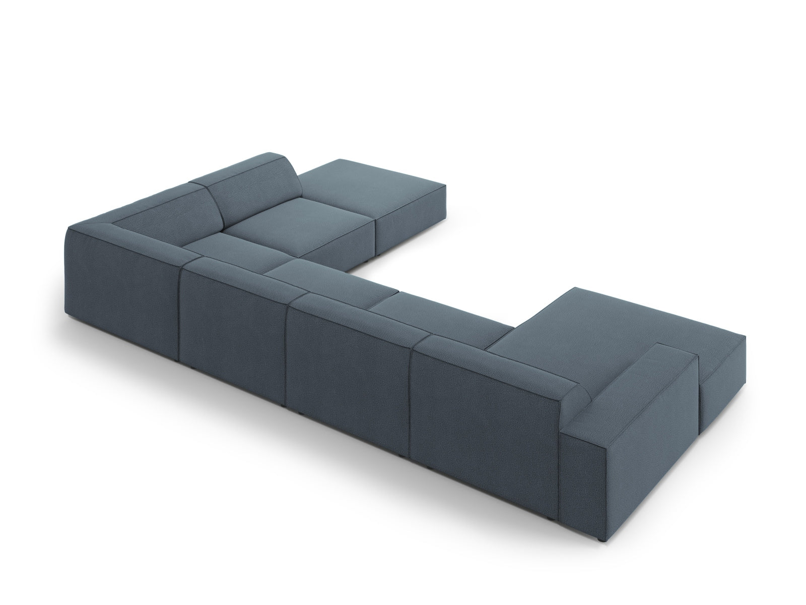 Elegantes, modulares Ecksofa in ansprechendem Blau, 7-Sitzer, ideal für gesellige Abende und stilvolle Wohnräume.