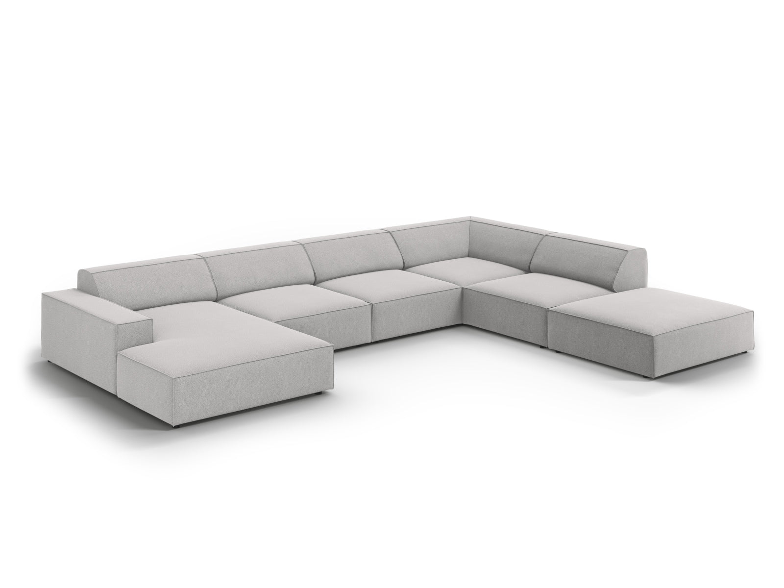 Modernes, modulares Ecksofa in sanftem Grau, perfekt für großzügige Wohnzimmer. 7-Sitzer von Micadoni für höchsten Komfort.