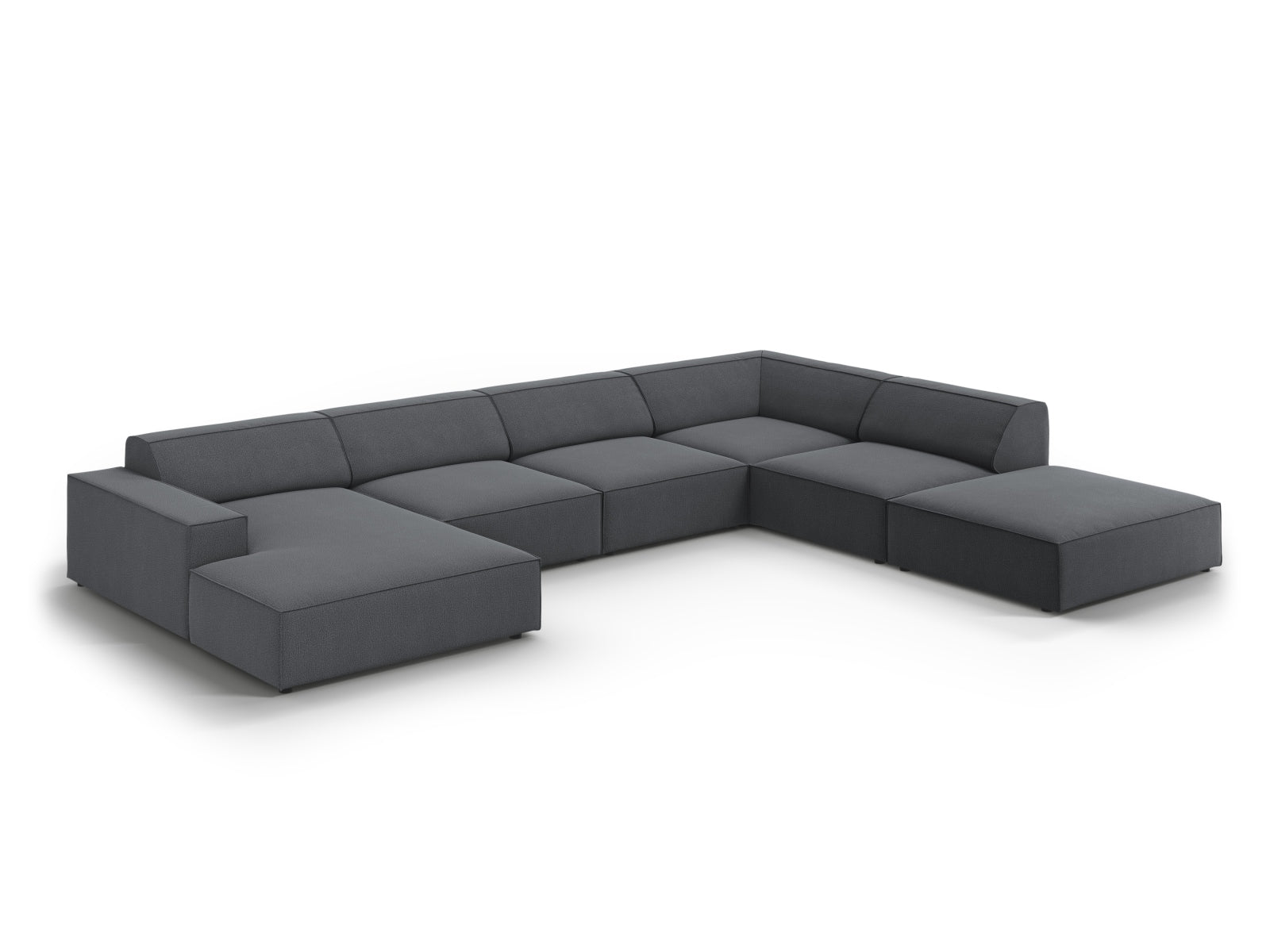 Modernes, flexibles Ecksofa in Dunkelgrau, perfekt für großzügige Wohnzimmer. 7-Sitzer von Micadoni für höchsten Komfort und Stil.