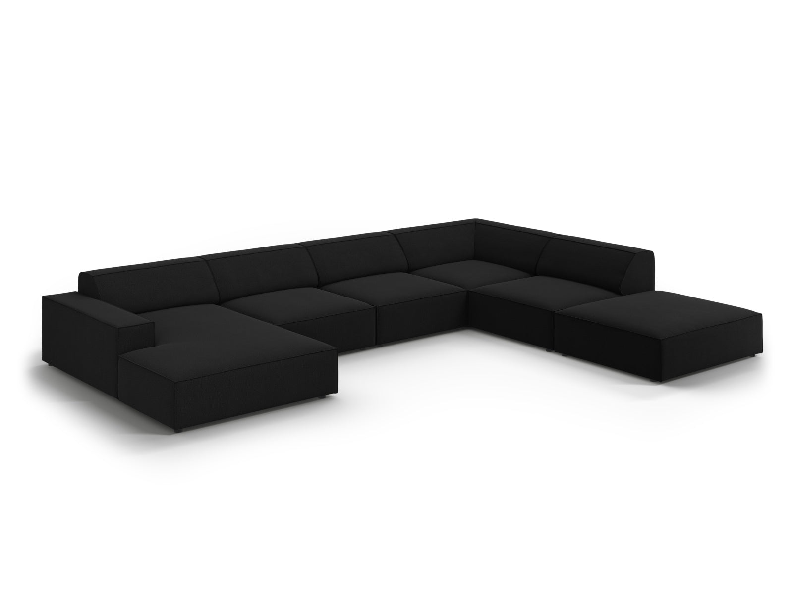 Modernes, modulares 7-Sitzer Ecksofa Jodie in Schwarz, perfekt für großzügige Wohnräume und entspannte Zusammenkünfte.