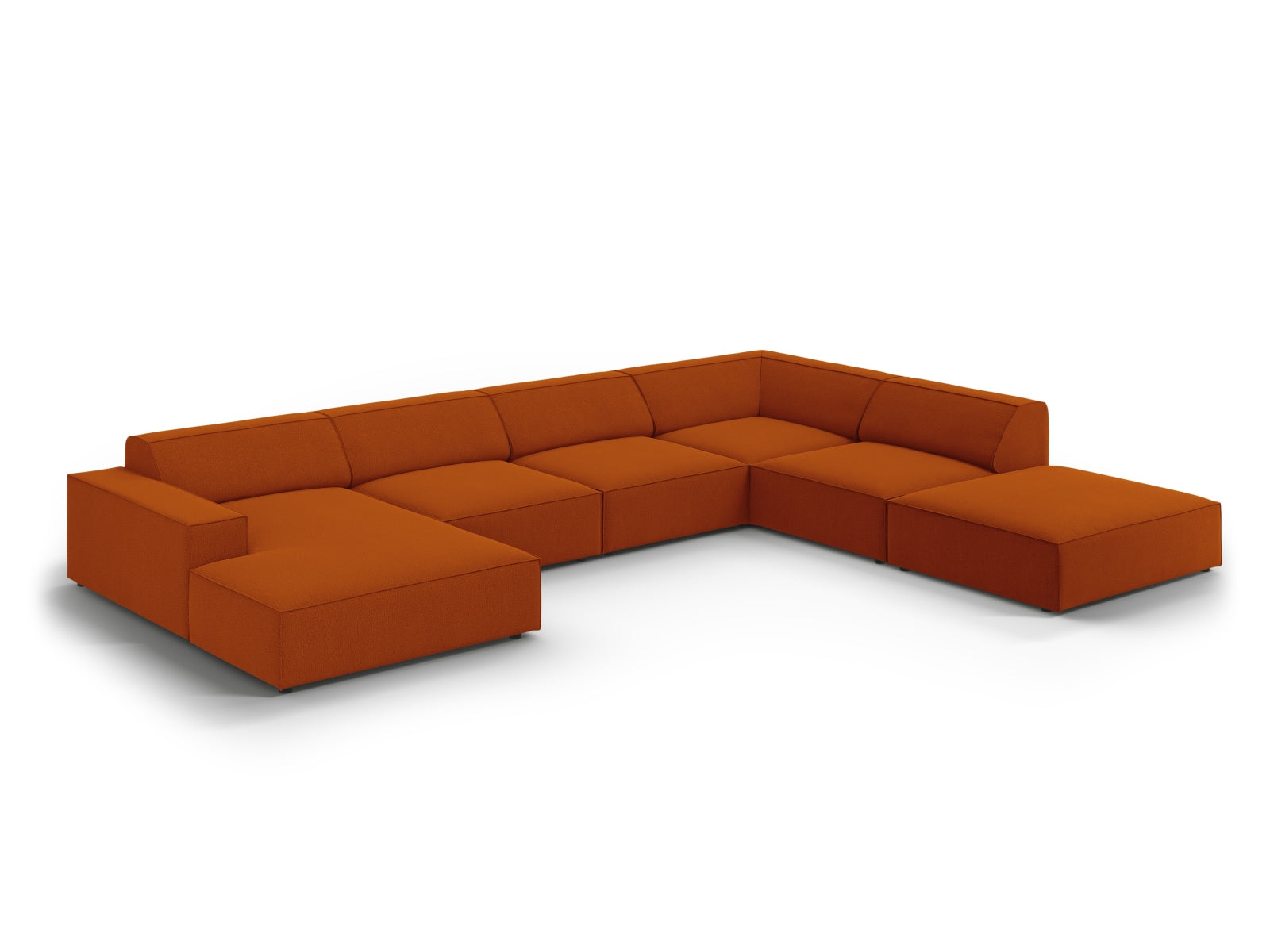 Modulares Ecksofa Jodie in warmem Terracotta, 7-Sitzer für komfortable Entspannung und modernes Wohndesign.