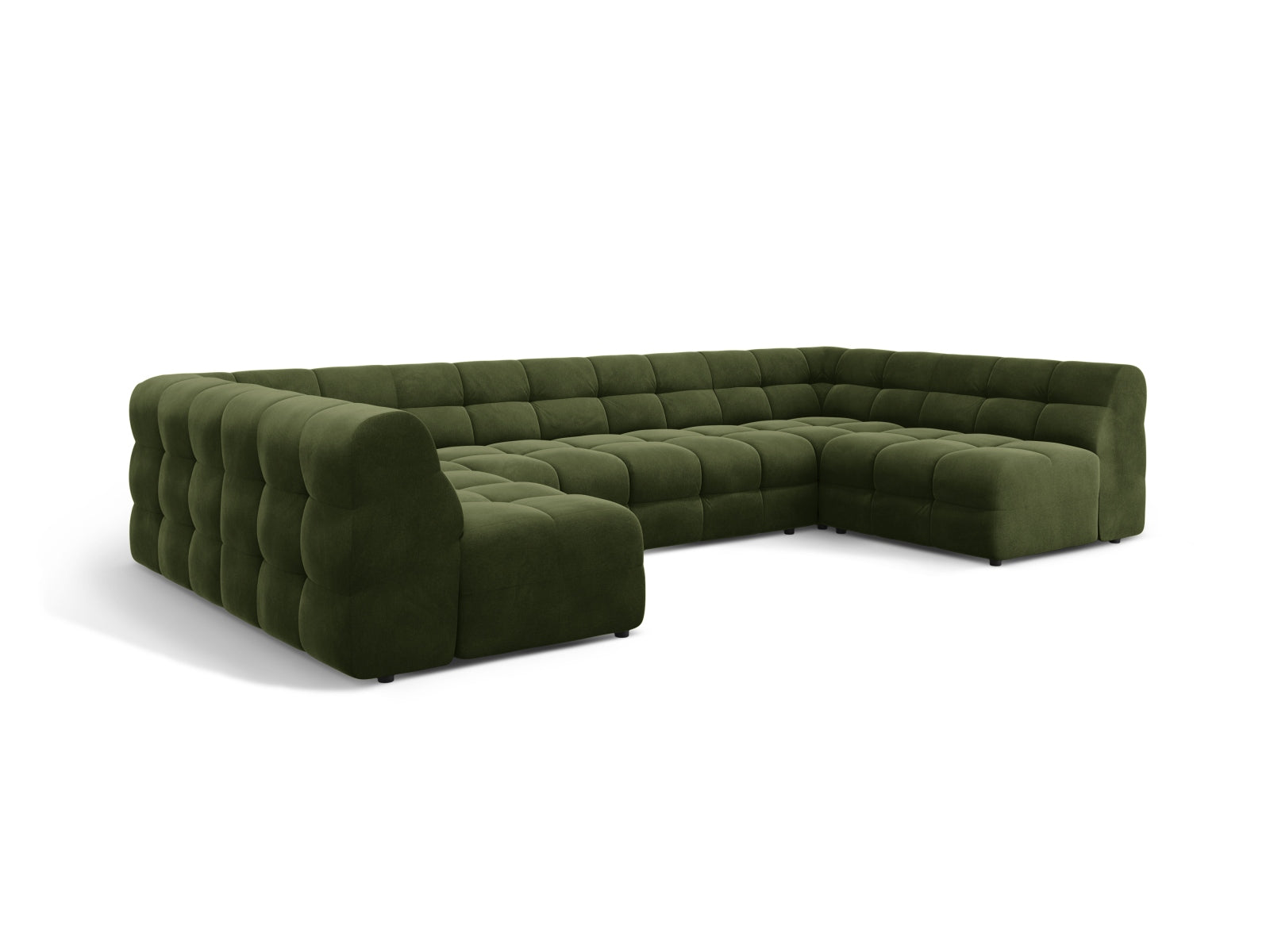 Luxuriöses Kendal Velour Panoramic Ecksofa in Army Green, 7-Sitzer, perfekt für moderne Wohnkonzepte und gemütliche Abende.